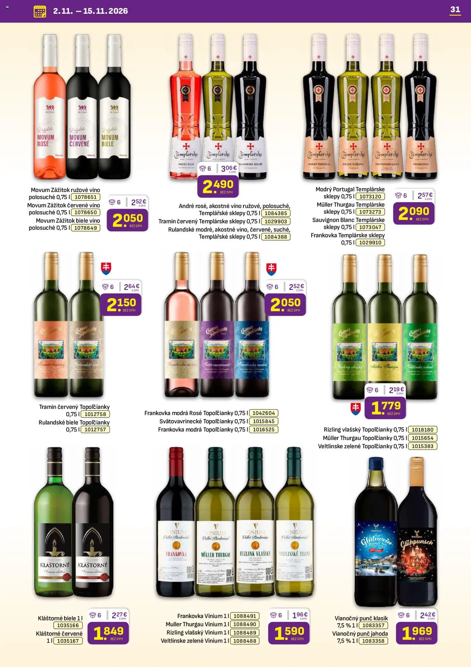 Nové Libex akcie – leták je platný od 02.11.2026 | Strana: 31 | Produkty: Biele víno, Víno, Rúžové víno, Červené víno