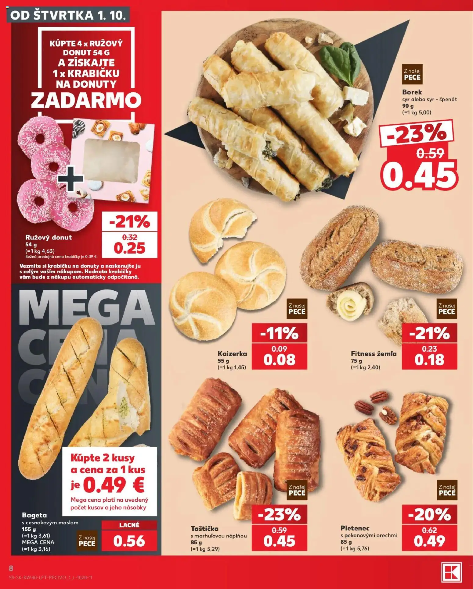 Nové Kaufland akcie – leták je platný od 01.10.2026 | Strana: 8 | Produkty: Syr, Donut, Bageta, Špenát