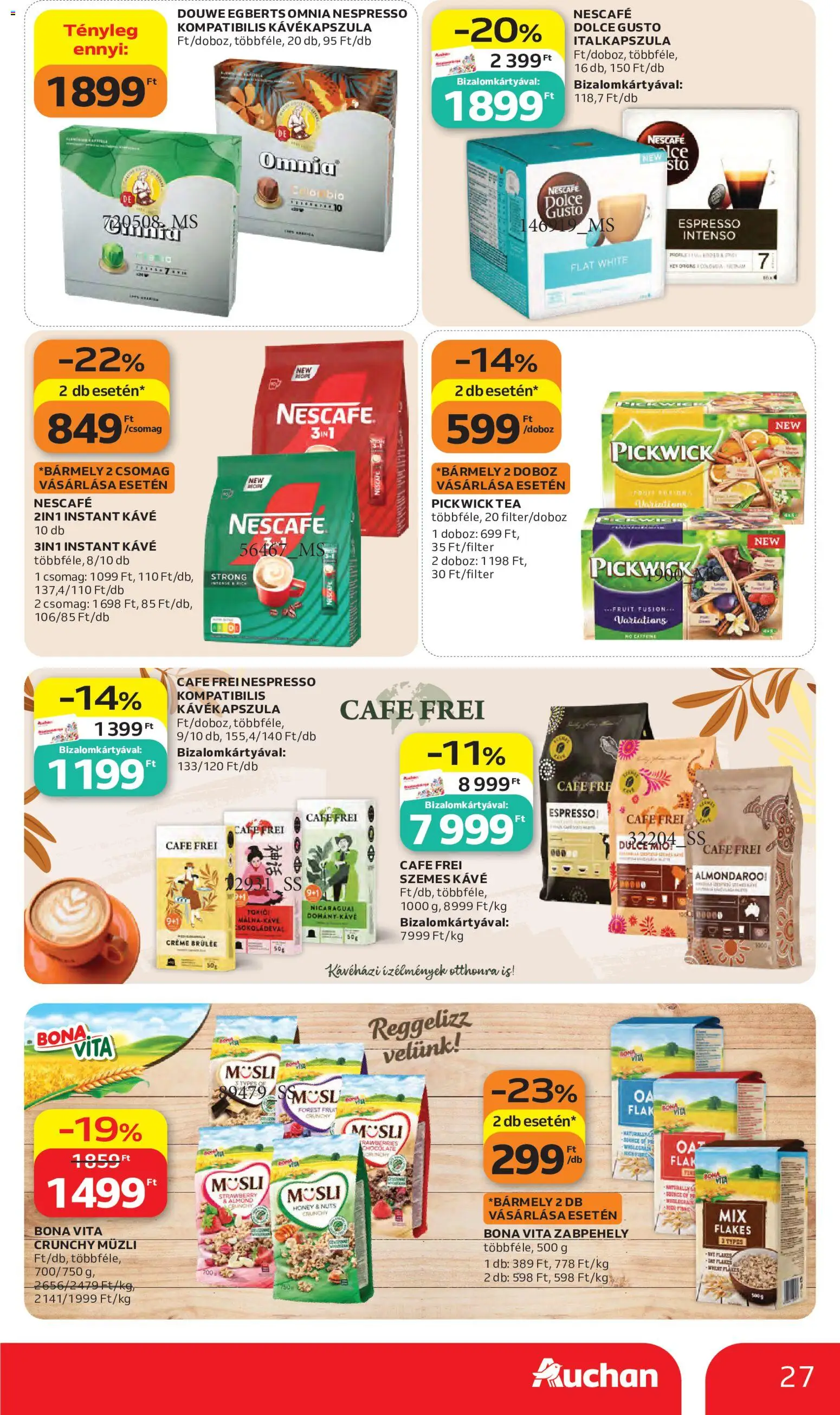 Auchan akciós ujság - amely érvényes a következő dátumtól: 2026.10.15. | Oldal: 27 | Termékek: Kávékapszula, Pickwick, Cafe Frei, Szemes kávé