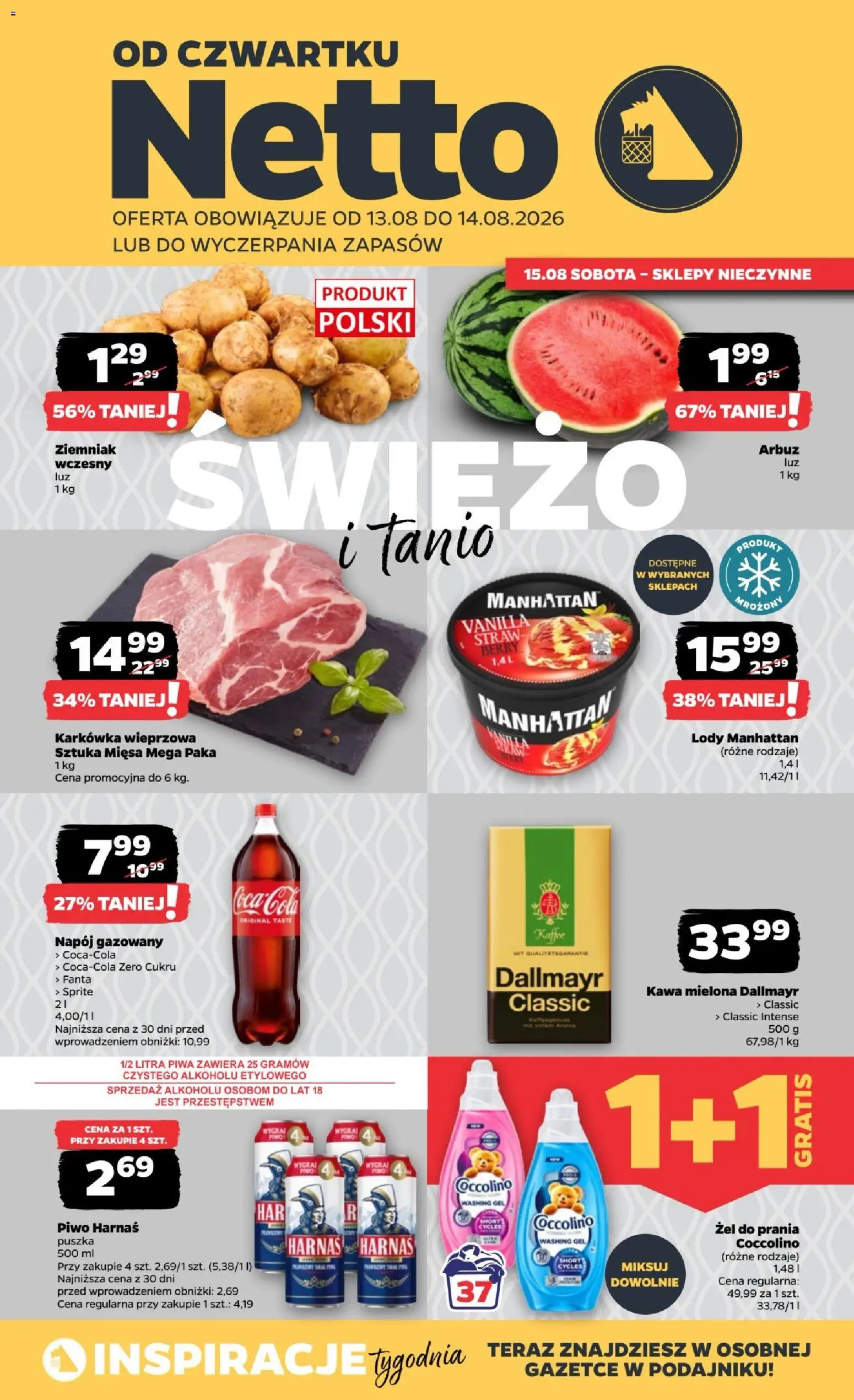 Netto gazetka od czwartku od 12.08.2026 | Strona: 1 | Produkty: Dallmayr, Coccolino, Fanta, Piwo Harnaś