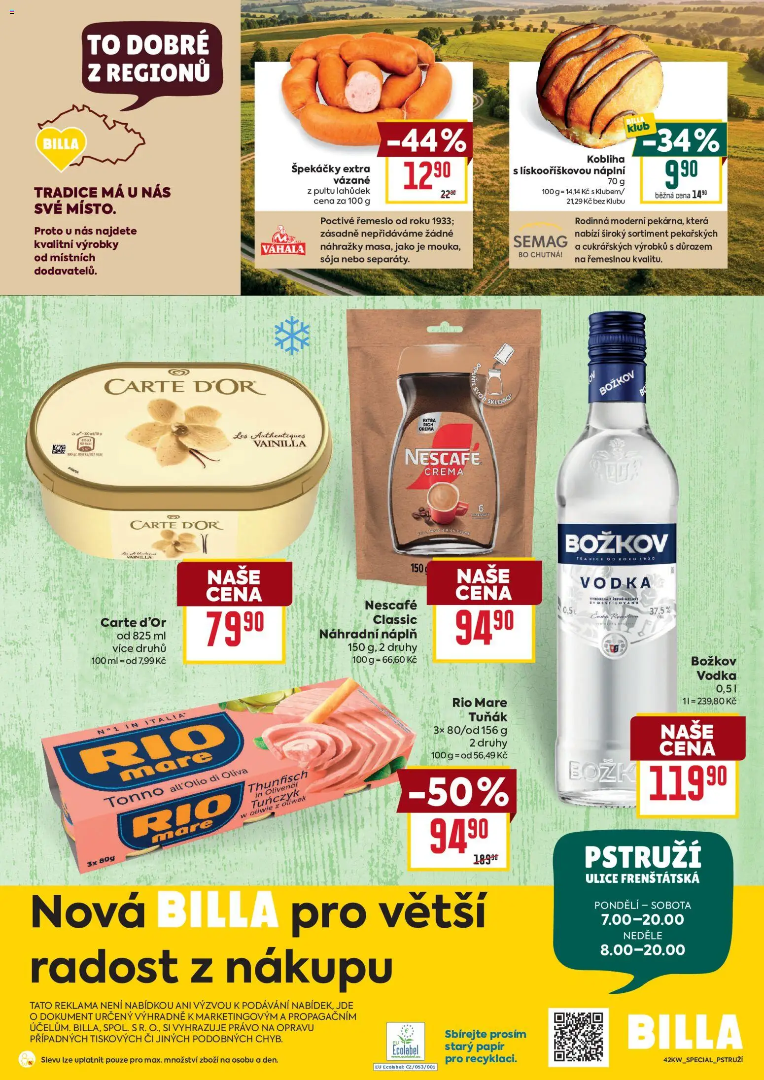Billa leták - Pstruží od 14.10.2026 | Strana: 2 | Produkty: Kobliha, Špekáčky, Rio mare, Nescafé