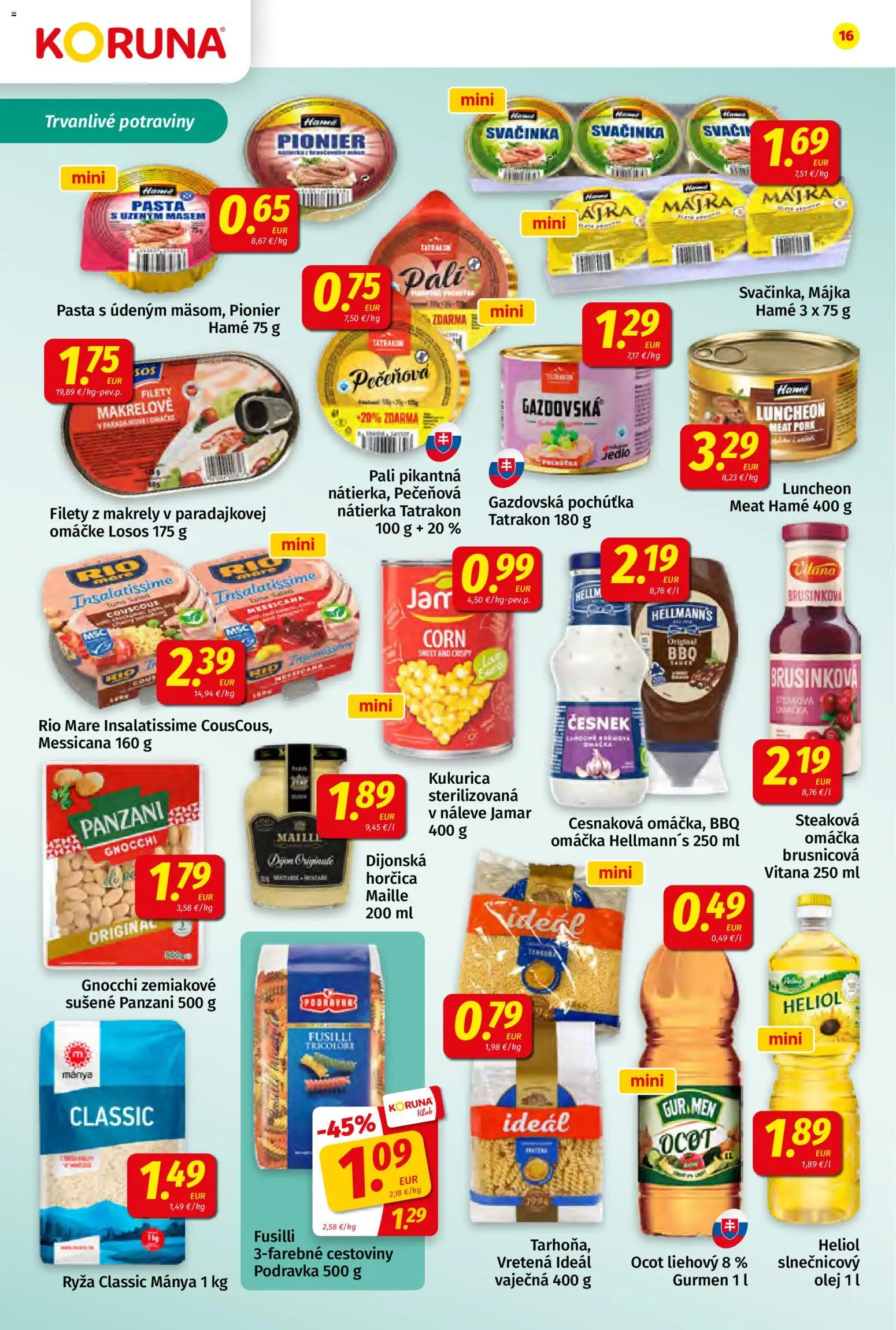 Nové Koruna akcie – leták je platný od 14.08.2026 | Strana: 16 | Produkty: Nátierka, Gnocchi, Rio Mare, Ocot