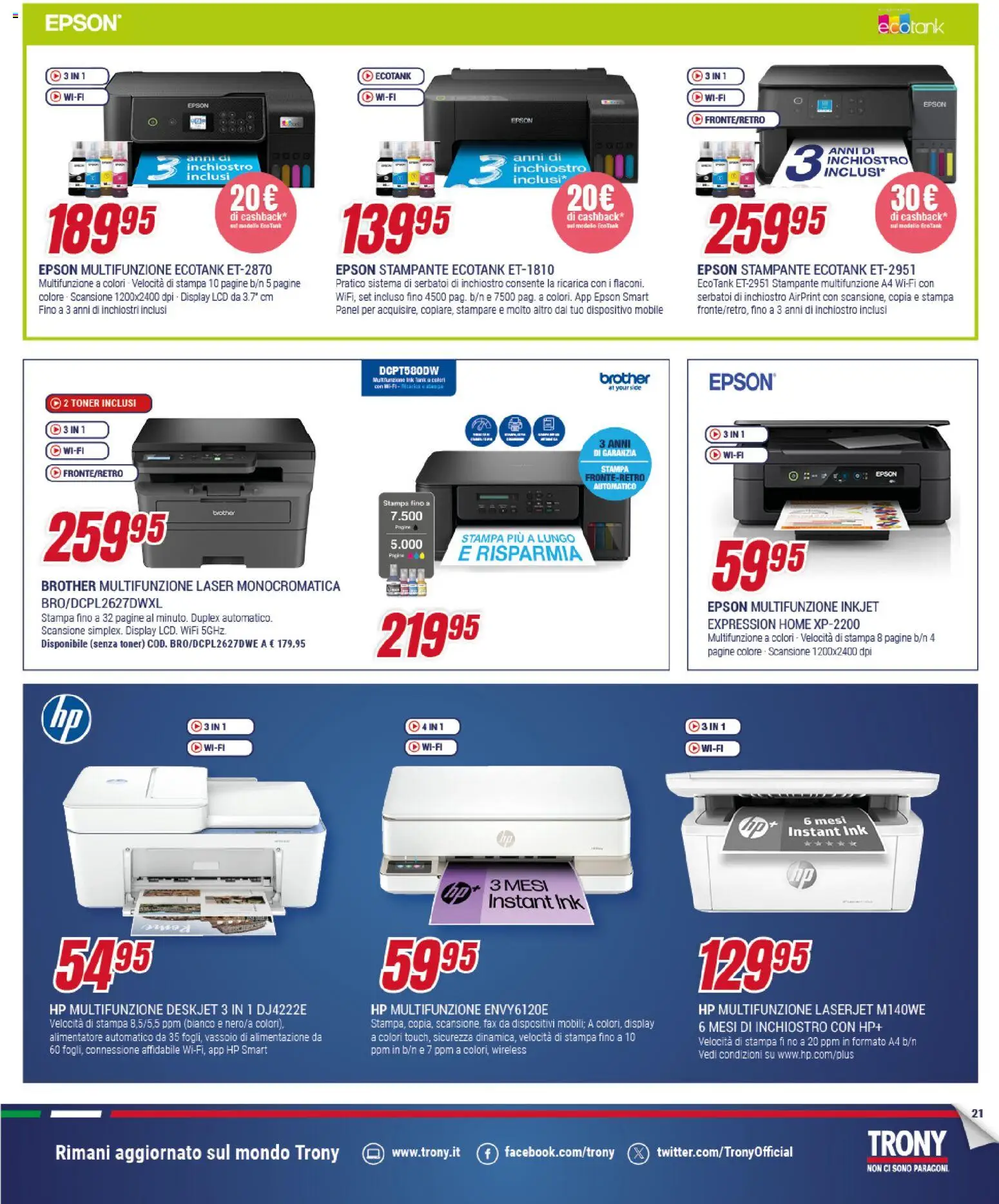 Volantino Trony del 21.05.2026 | Pagina: 21 | Prodotti: Mobile, Stampante, Toner, Vassoio