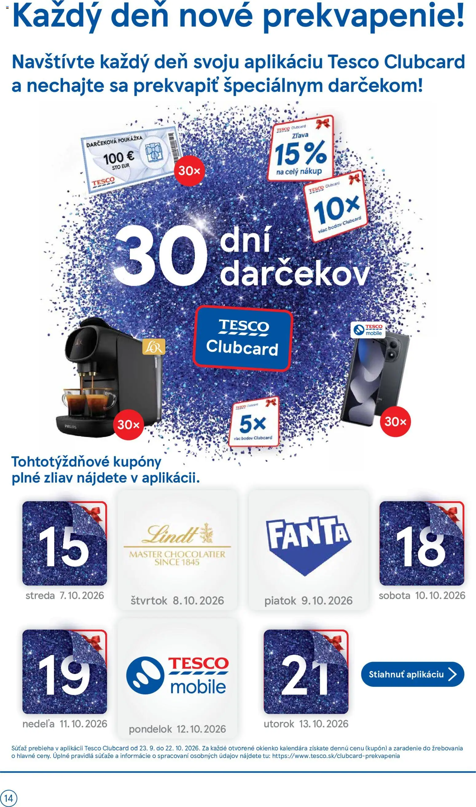 Nové Tesco akcie – leták je platný od 07.10.2026 | Strana: 14 | Produkty: Lindt, Fanta