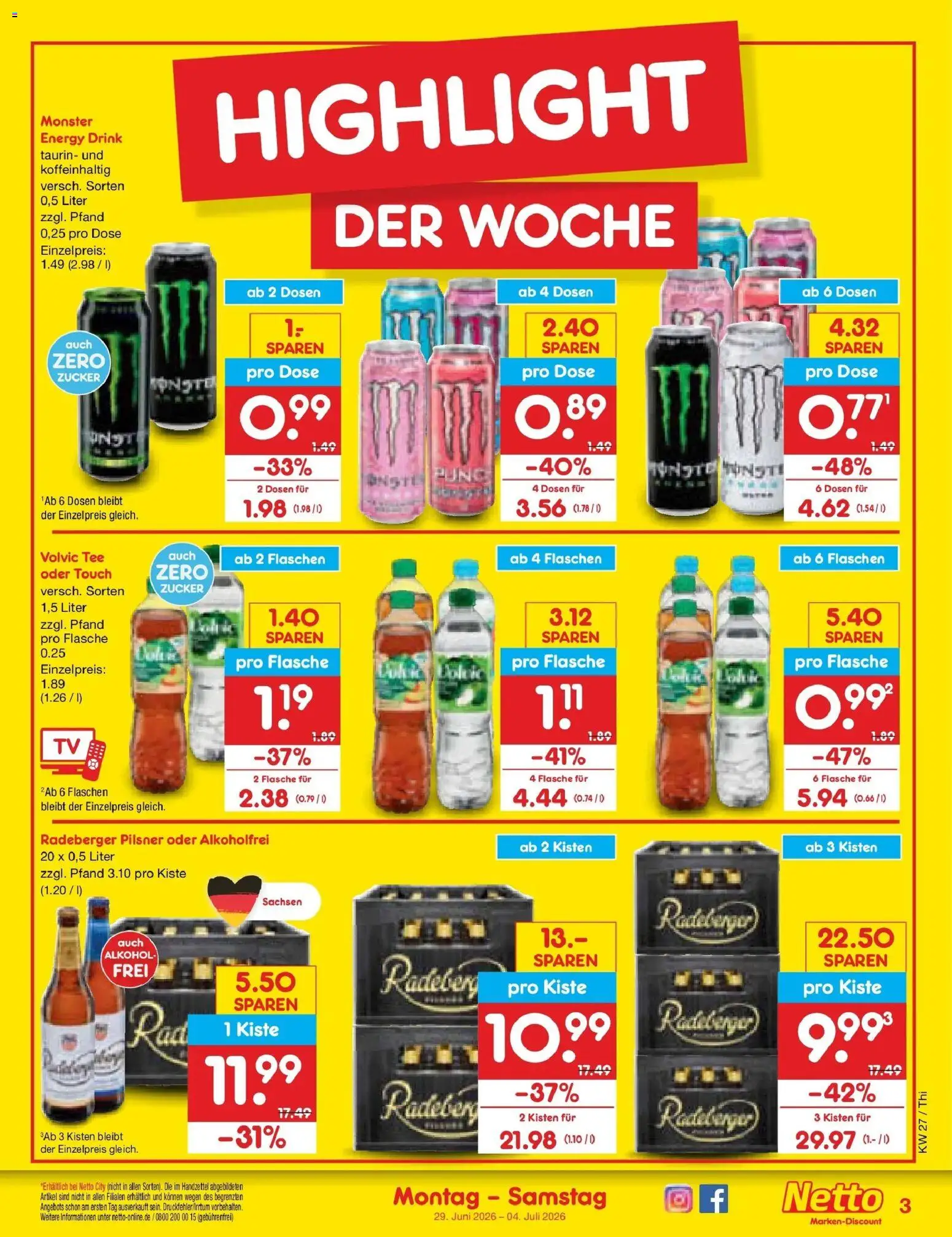 Netto Marken-Discount Prospekt Thiendorf – gültig ab 29.06.2026 | Seite: 3 | Produkte: Volvic tee, Monster, Volvic, TV
