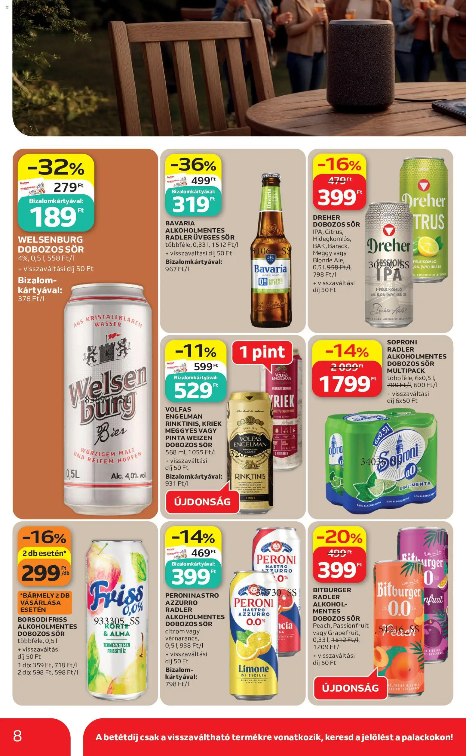 Auchan akciós ujság - amely érvényes a következő dátumtól: 18.06.2026 | Oldal: 8 | Termékek: Alkohol, Meggy, Dobozos sör, Alma