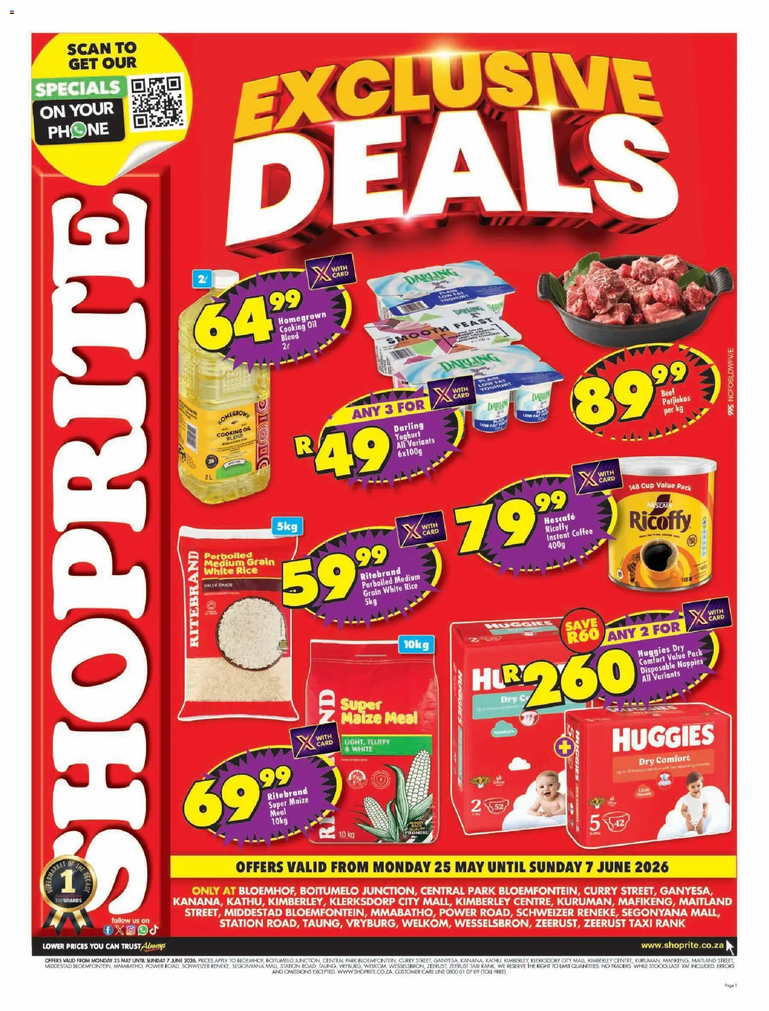 New Shoprite catalogue – valid from 25.05.2026 | Page: 1 | Products: Yoghurt, Maize meal, Beef, Estuche organizador de viaje