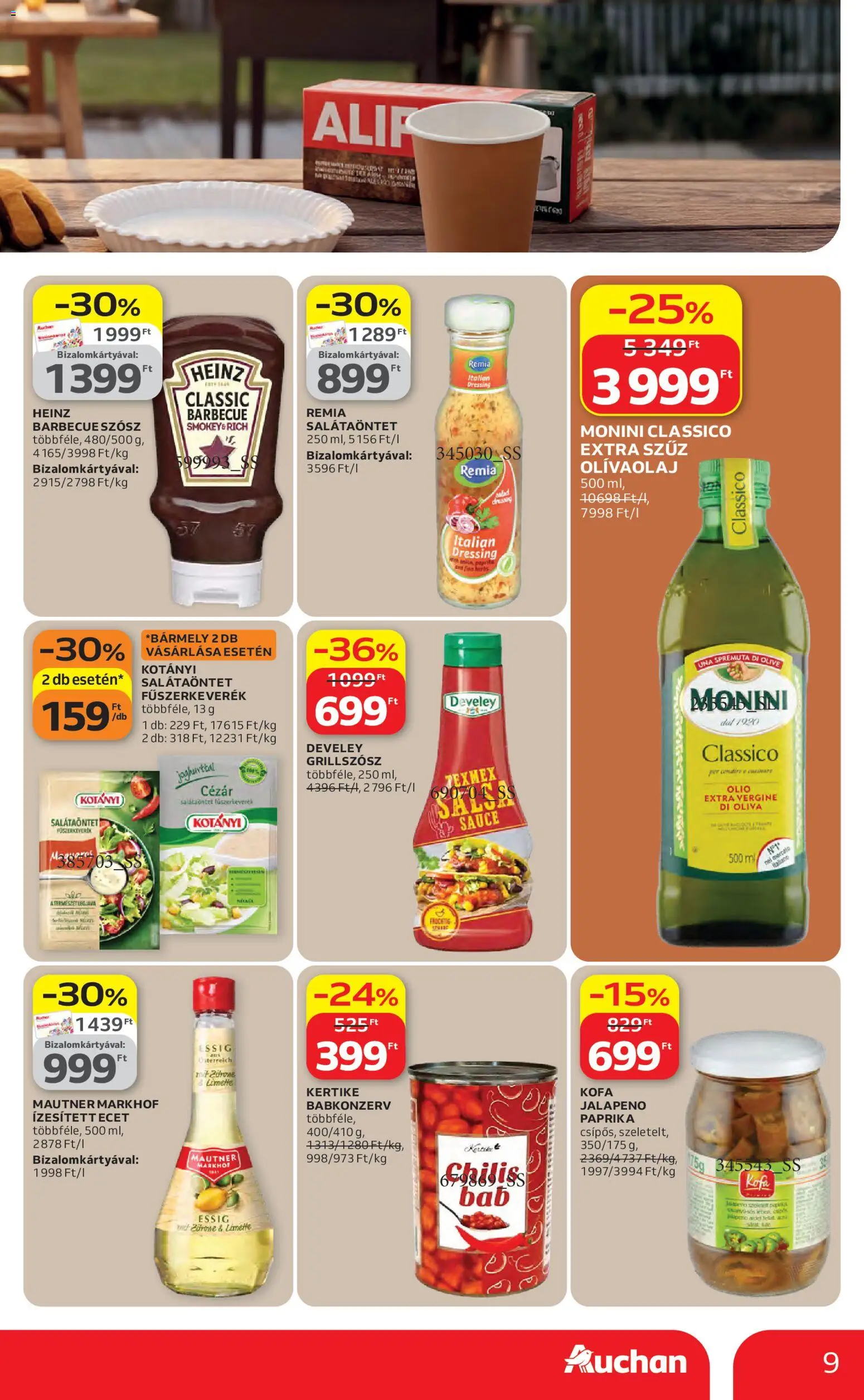 Auchan akciós ujság - amely érvényes a következő dátumtól: 16.04.2026 | Oldal: 9 | Termékek: Ecet, Fűszerkeverék, Babkonzerv, Szósz