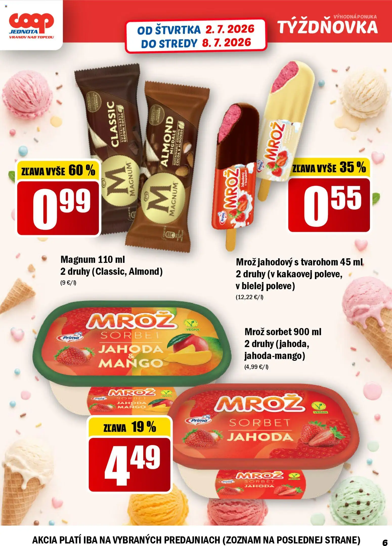 Nové COOP Jednota akcie – leták je platný od 02.07.2026 | Strana: 6 | Produkty: Sorbet, Magnum, Mango