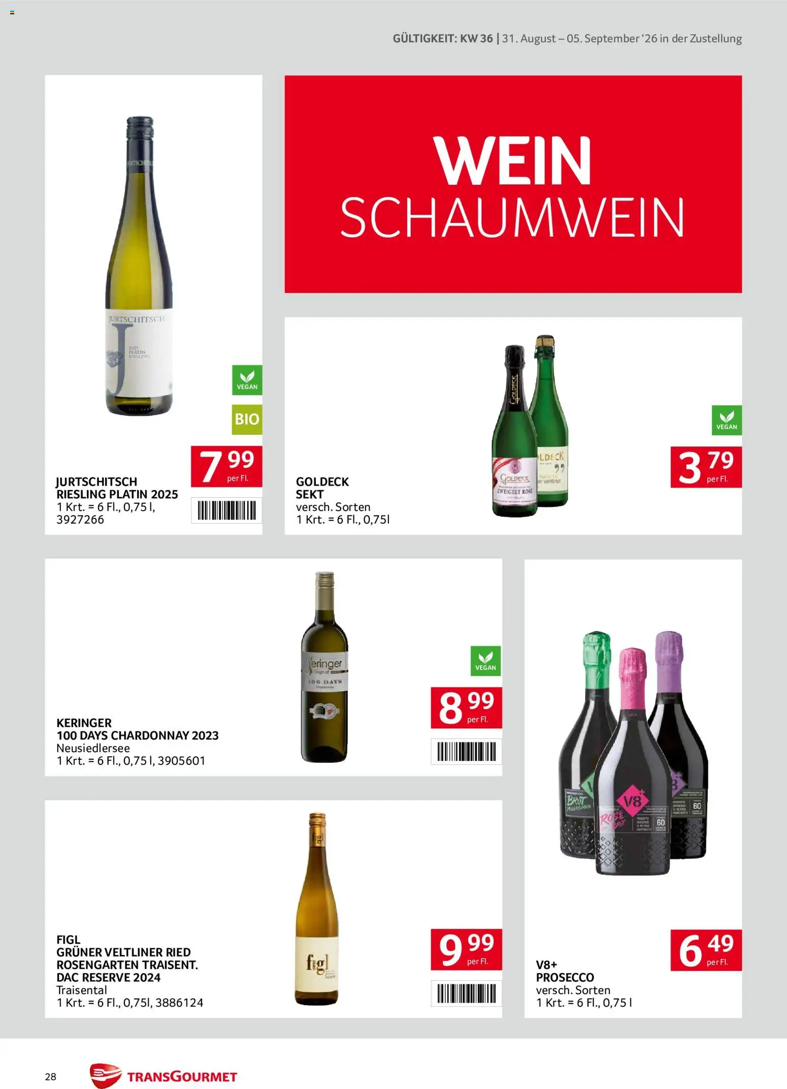 Transgourmet Zustellaktion gültig ab 31.08.2026 | Seite: 28 | Produkte: Prosecco, Wein