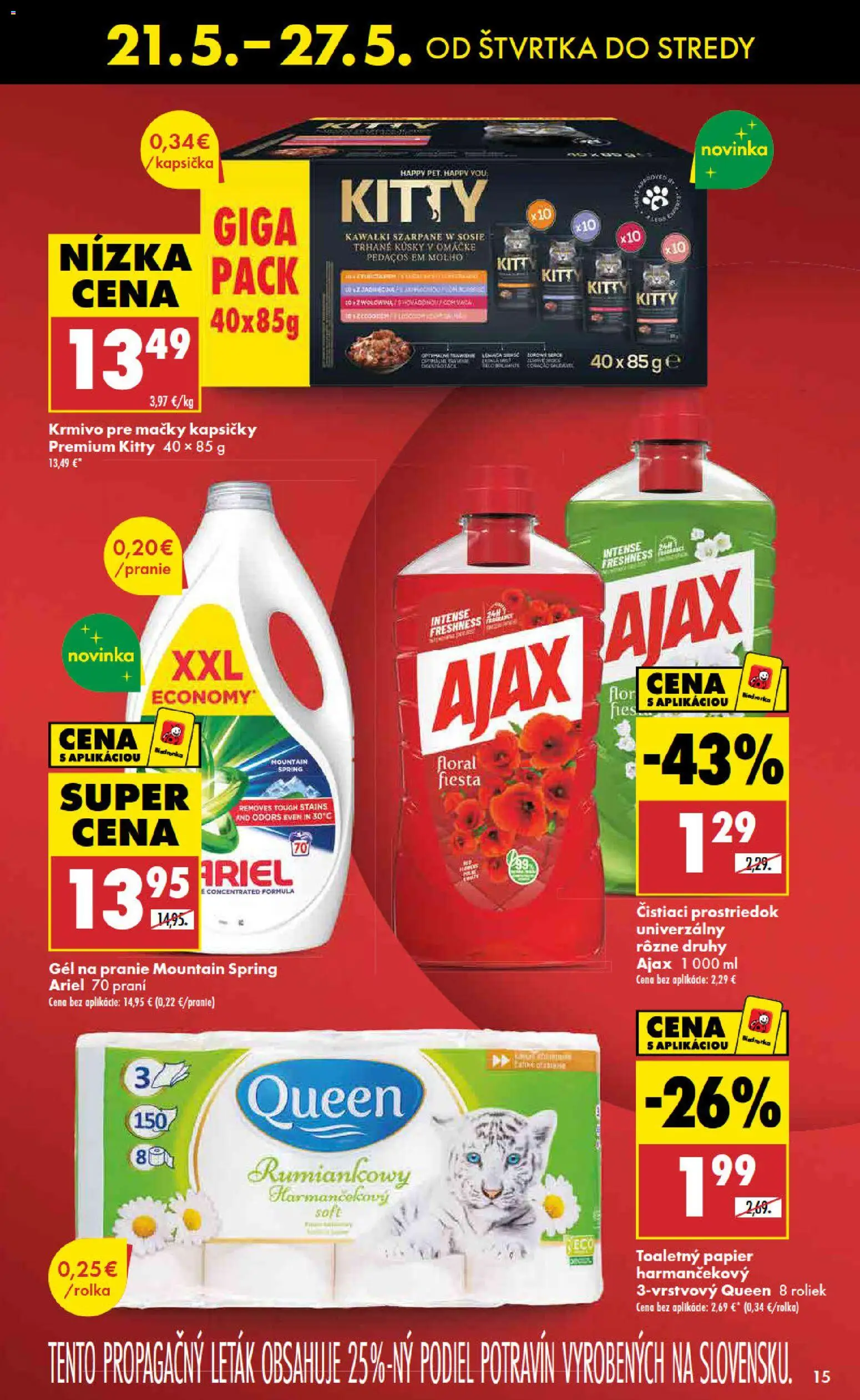 Nové Biedronka akcie – leták je platný od 21.05.2026 | Strana: 15 | Produkty: Toaletný papier, Čistiaci prostriedok, Ariel