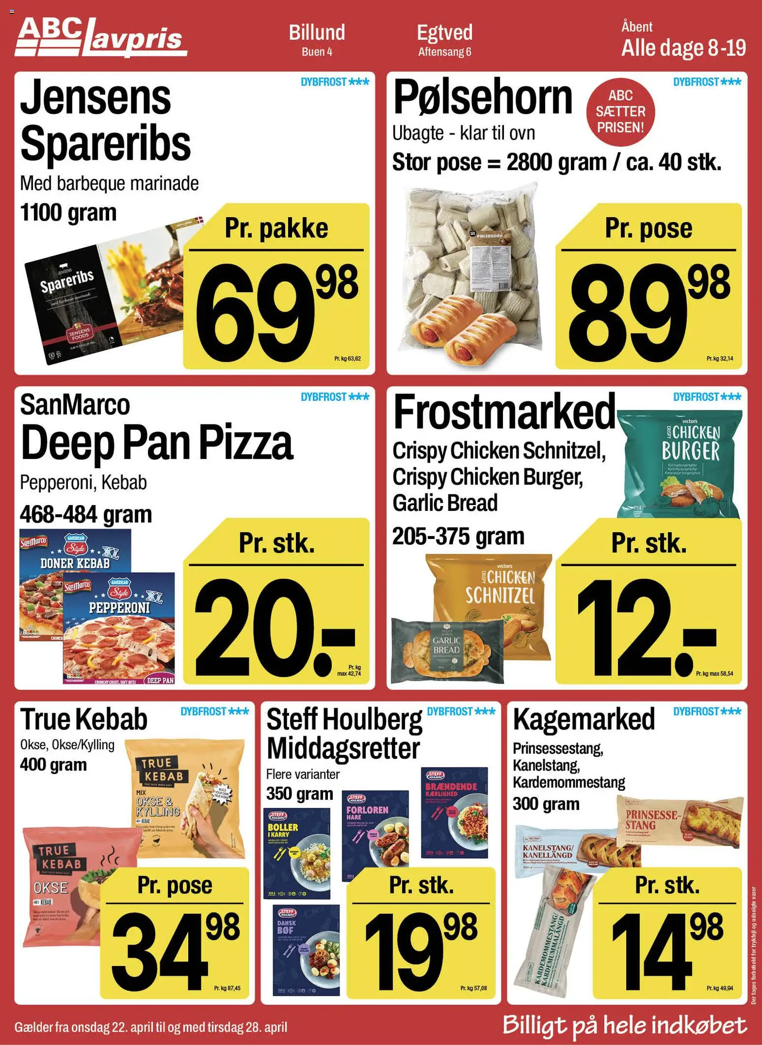 Abc Lavpris tilbudsavis – gyldig fra 22.04.2026 | Side: 6 | Produkter: Pølsehorn, Pizza, Kebab, Spareribs