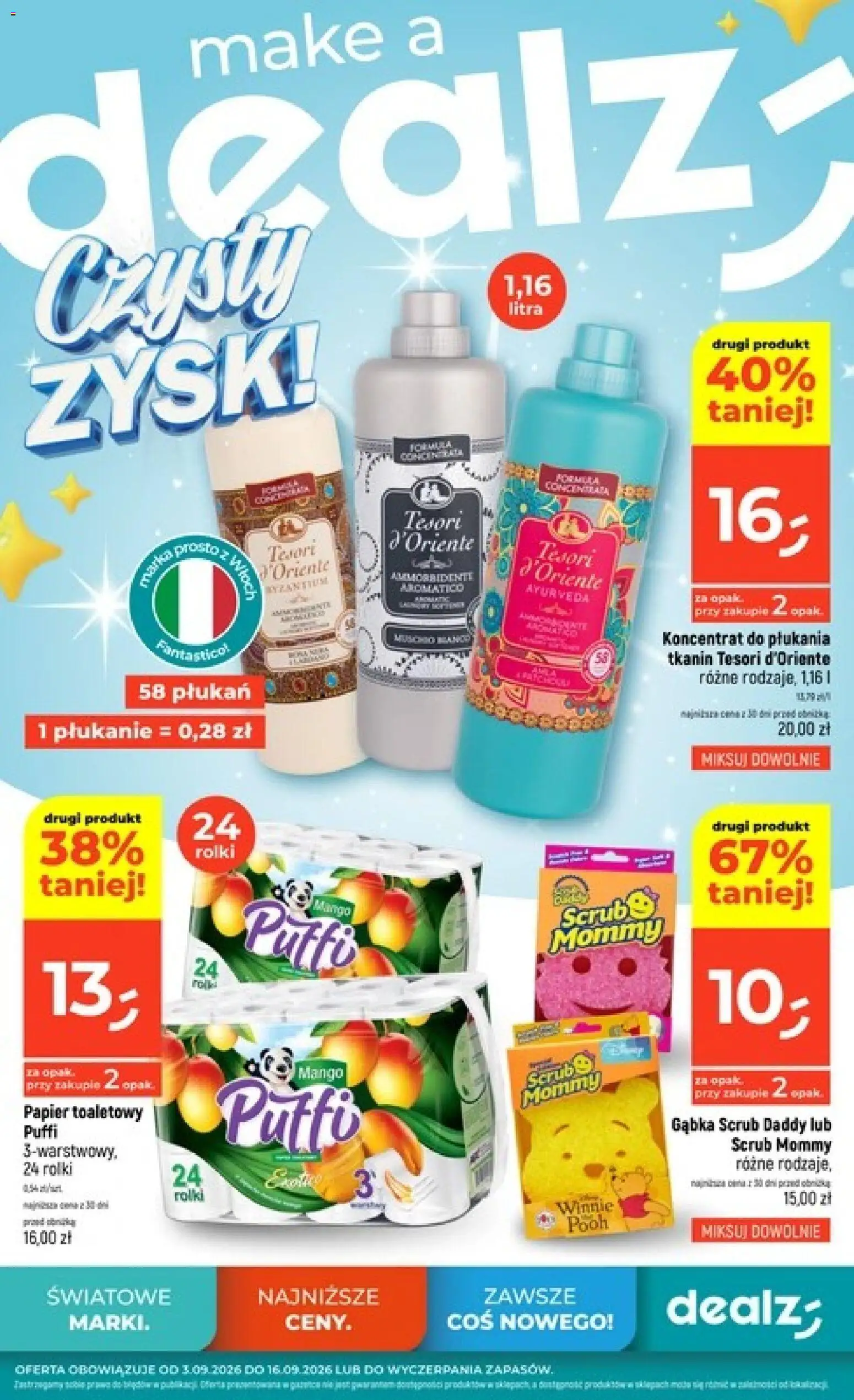 Dealz gazetka - Czysty zysk od 03.09.2026 | Strona: 1 | Produkty: Tesori d'oriente, Papier toaletowy, Rolki, Gąbka
