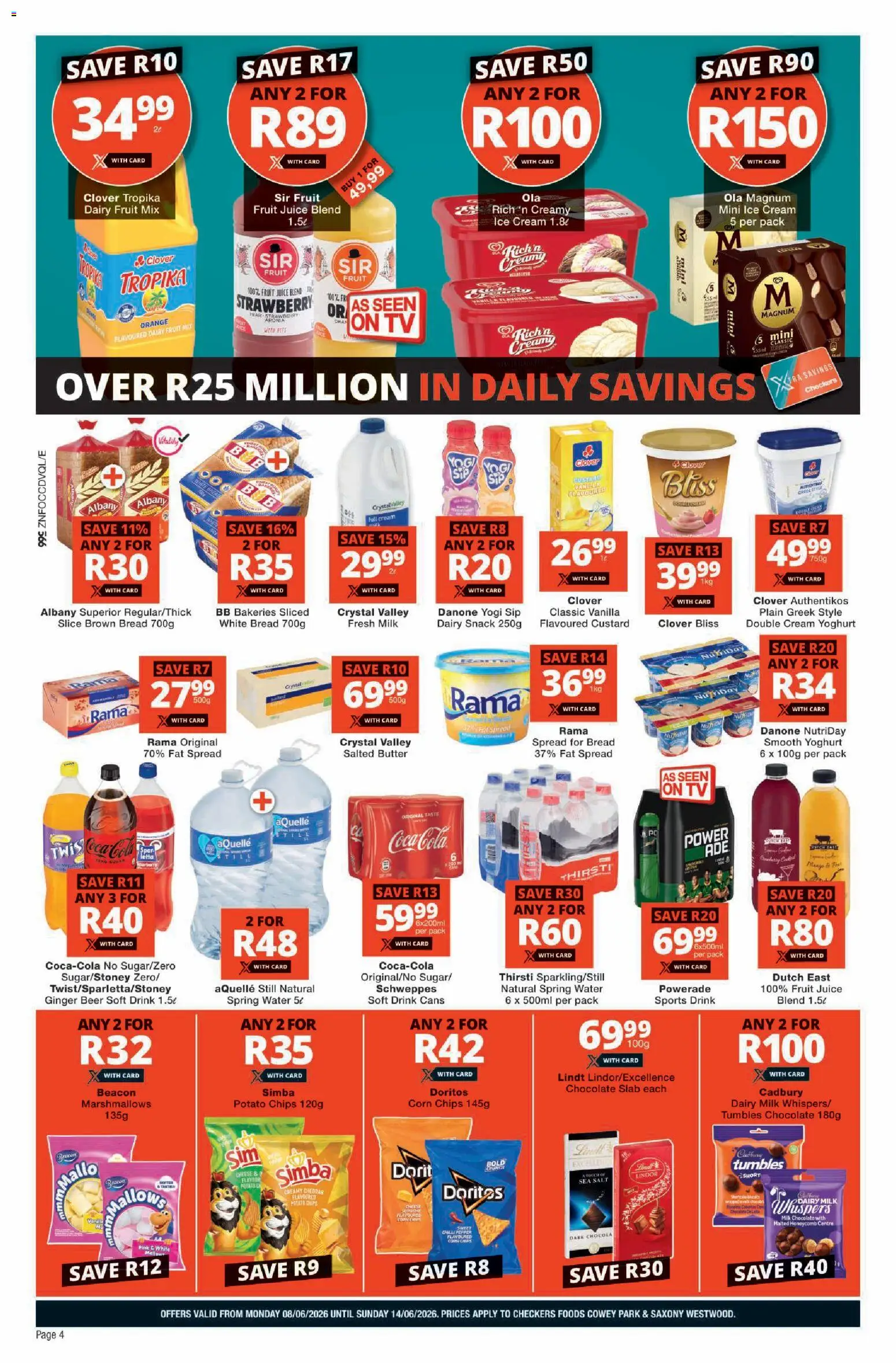 New Checkers catalogue – valid from 08.06.2026 | Page: 4 | Products: TV, Bread, Chocolate, Fat spread