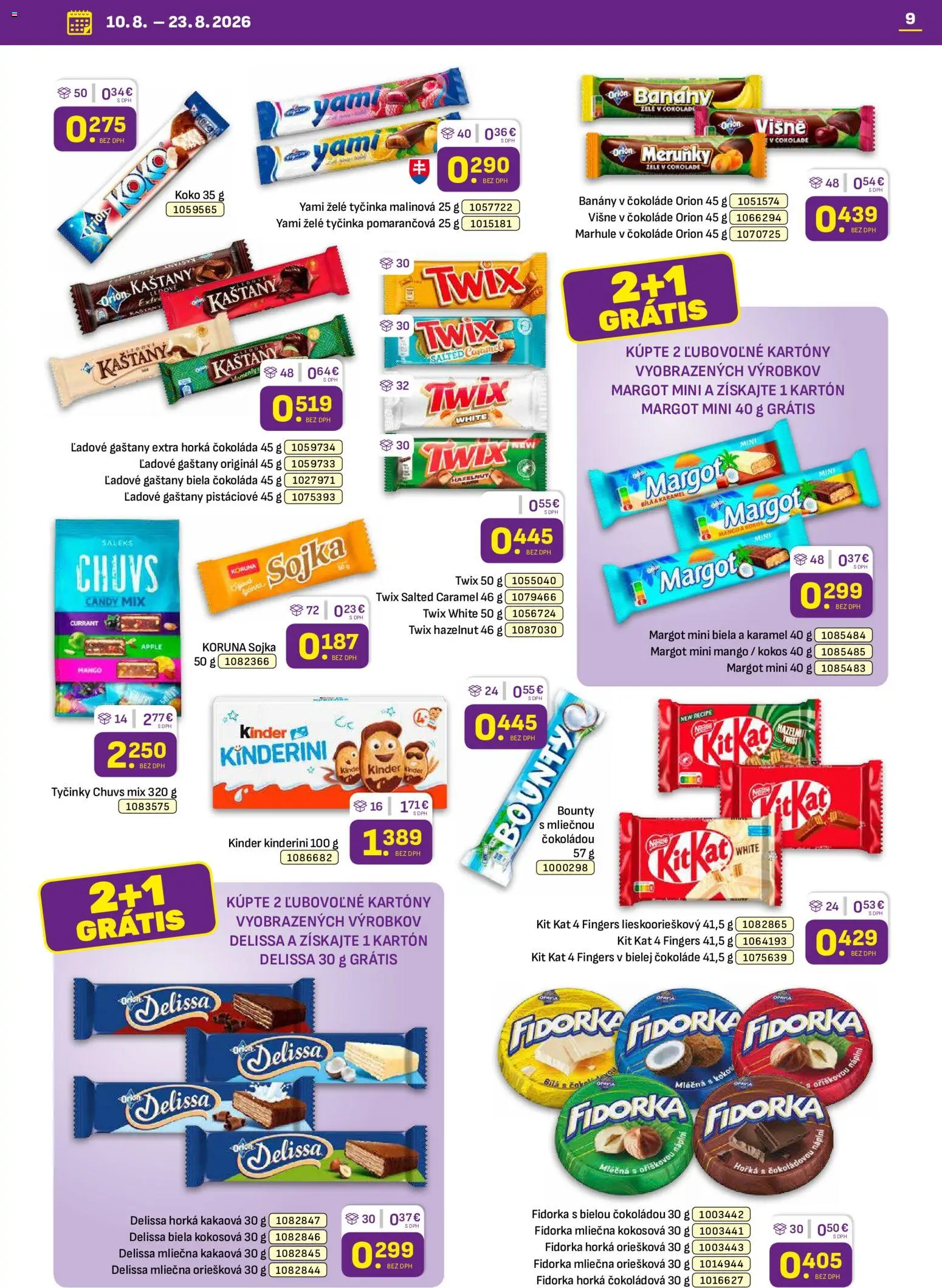 Nové Libex akcie – leták je platný od 10.08.2026 | Strana: 9 | Produkty: Gaštany, Banány v čokoláde, Kinder, Apple