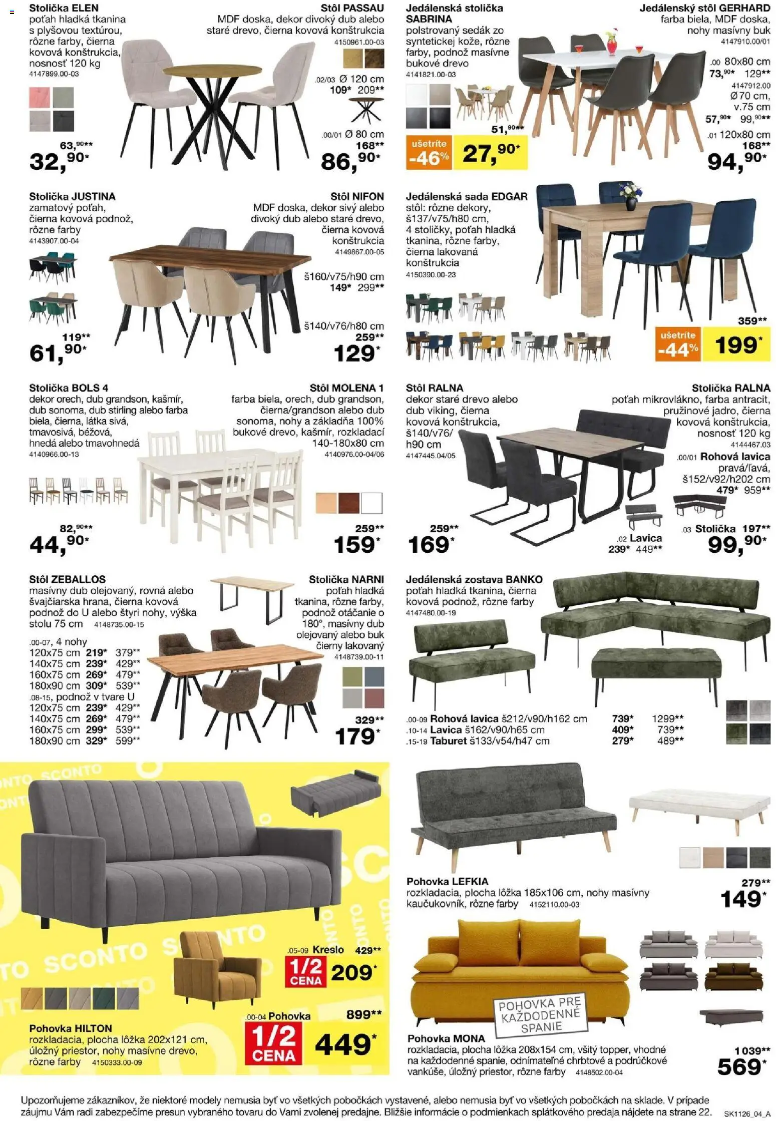 Nové Sconto nábytok akcie – leták je platný od 26.08.2026 | Strana: 4 | Produkty: Pohovka, Jedálenská stolička, Jedálenský stôl, Stôl