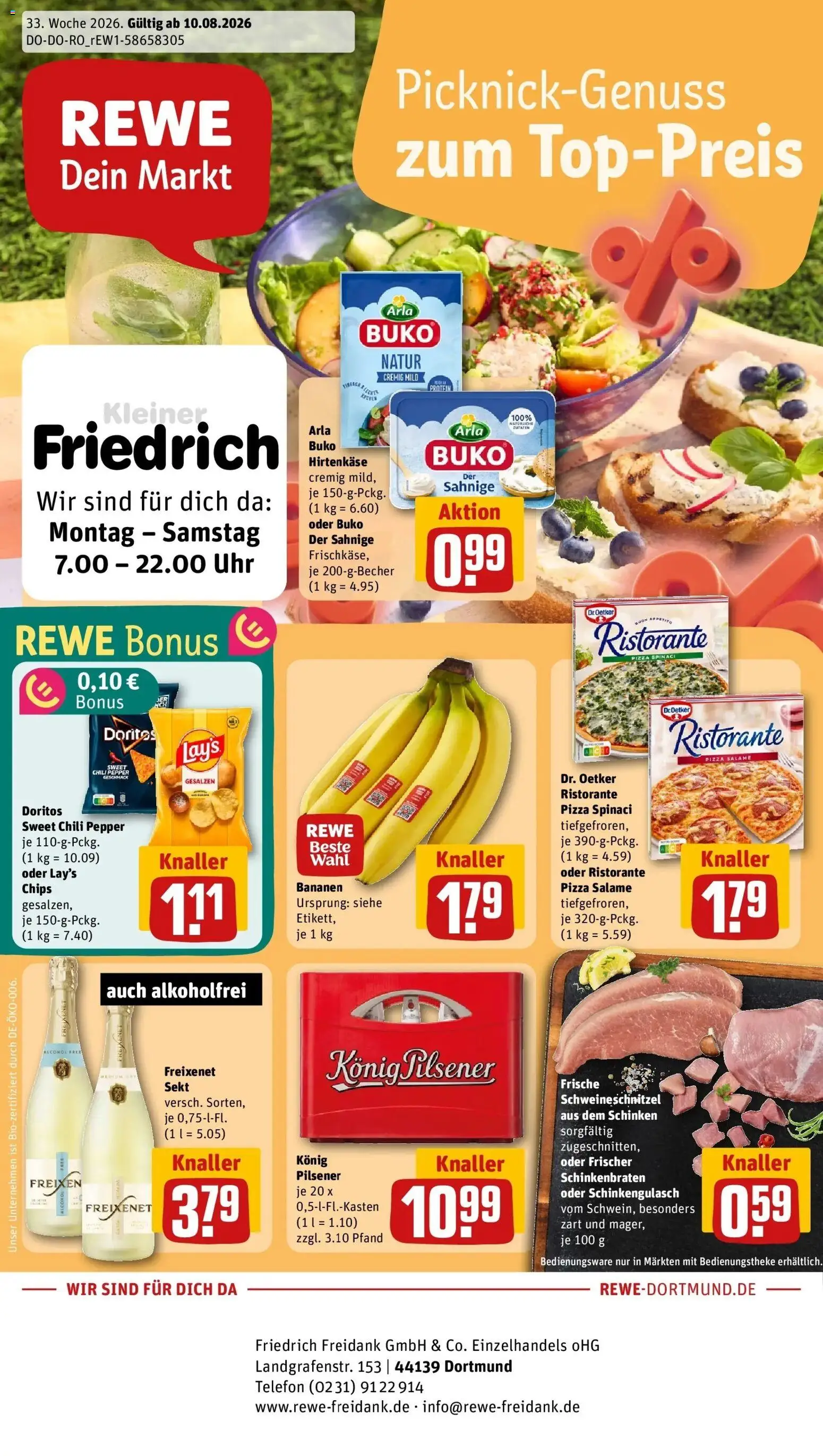 REWE Prospekt ab 10.08.2026 zum Blättern » Angebote | Seite: 1 | Produkte: Arla buko, Pizza, Chips, Uhr