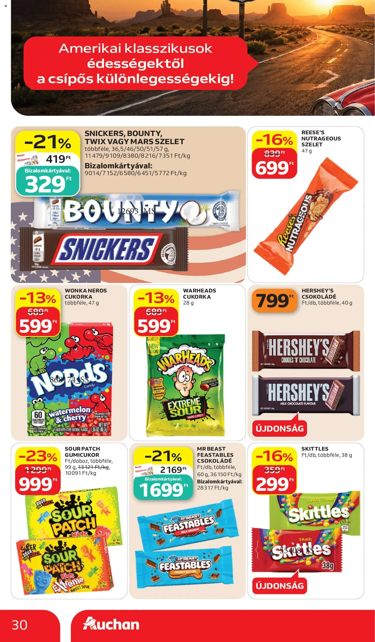 Auchan akciós ujság - amely érvényes a következő dátumtól: 2026.07.02. | Oldal: 30 | Termékek: Gumicukor, Snickers, Csokoládé, Cukorka