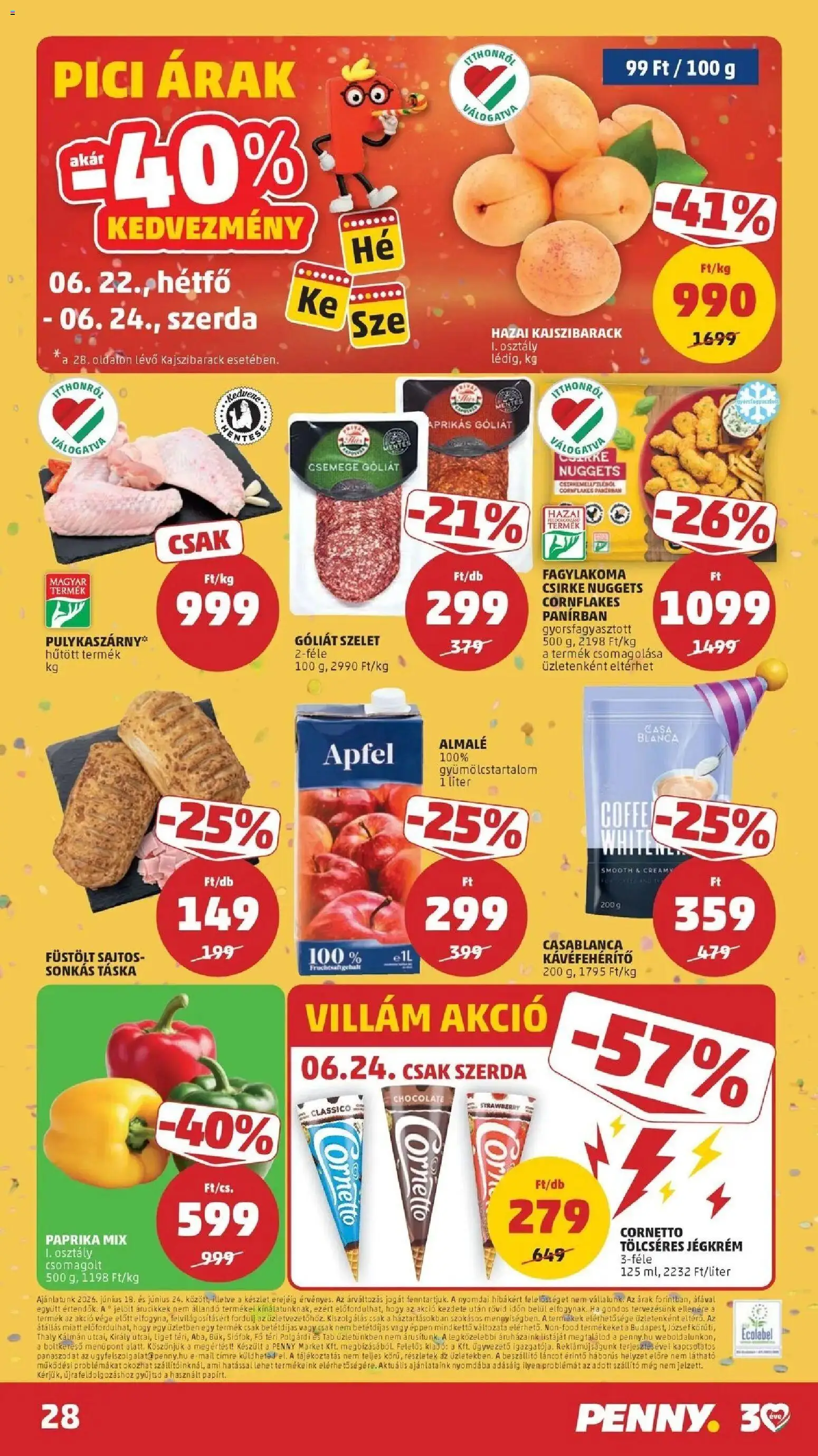 PENNY akciós ujság - amely érvényes a következő dátumtól: 18.06.2026 | Oldal: 28 | Termékek: Pulykaszárny, Táska, Nuggets, Jégkrém