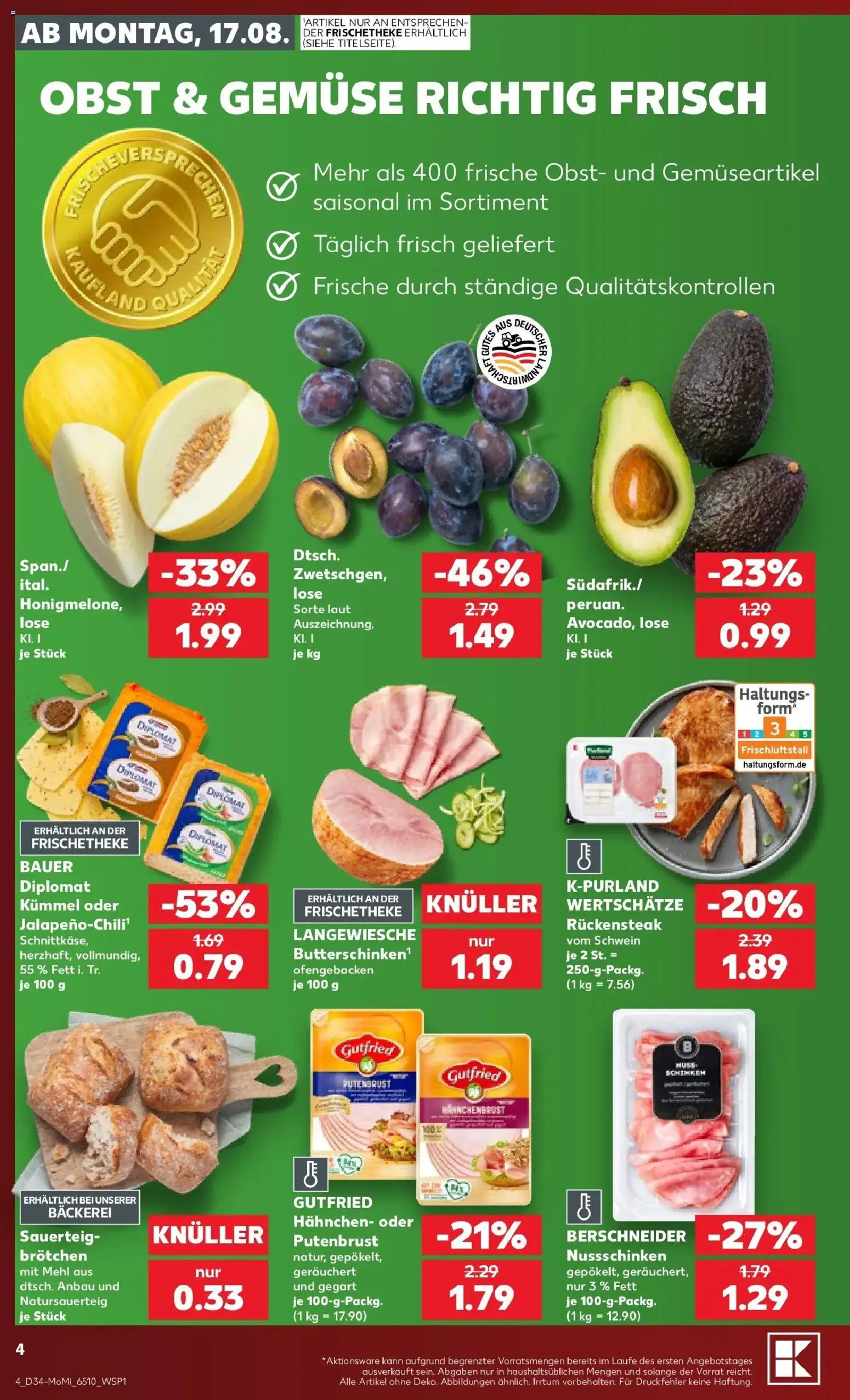 Prospekt Kaufland ab 17.08.2026 » Angebote Online zum Blättern | Seite: 4 | Produkte: Putenbrust, Hahnchen, Bäckerei, Obst