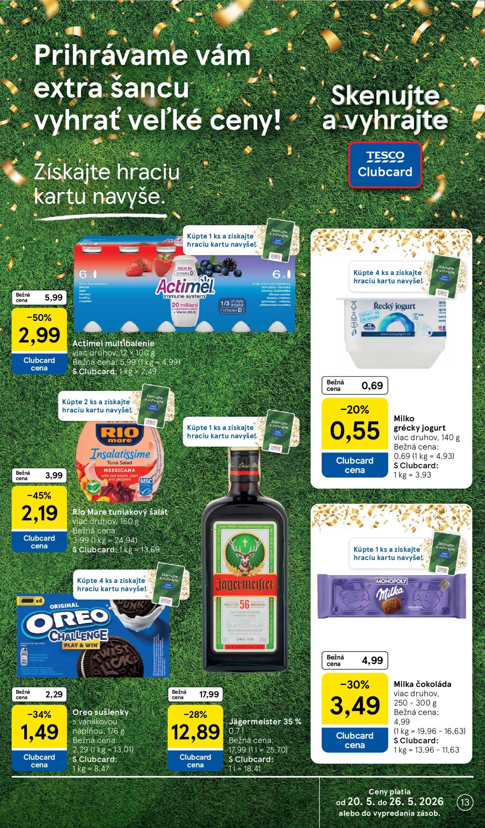 Nové Tesco akcie – leták je platný od 20.05.2026 | Strana: 13 | Produkty: Grécky jogurt, Rio Mare, Milka, Actimel