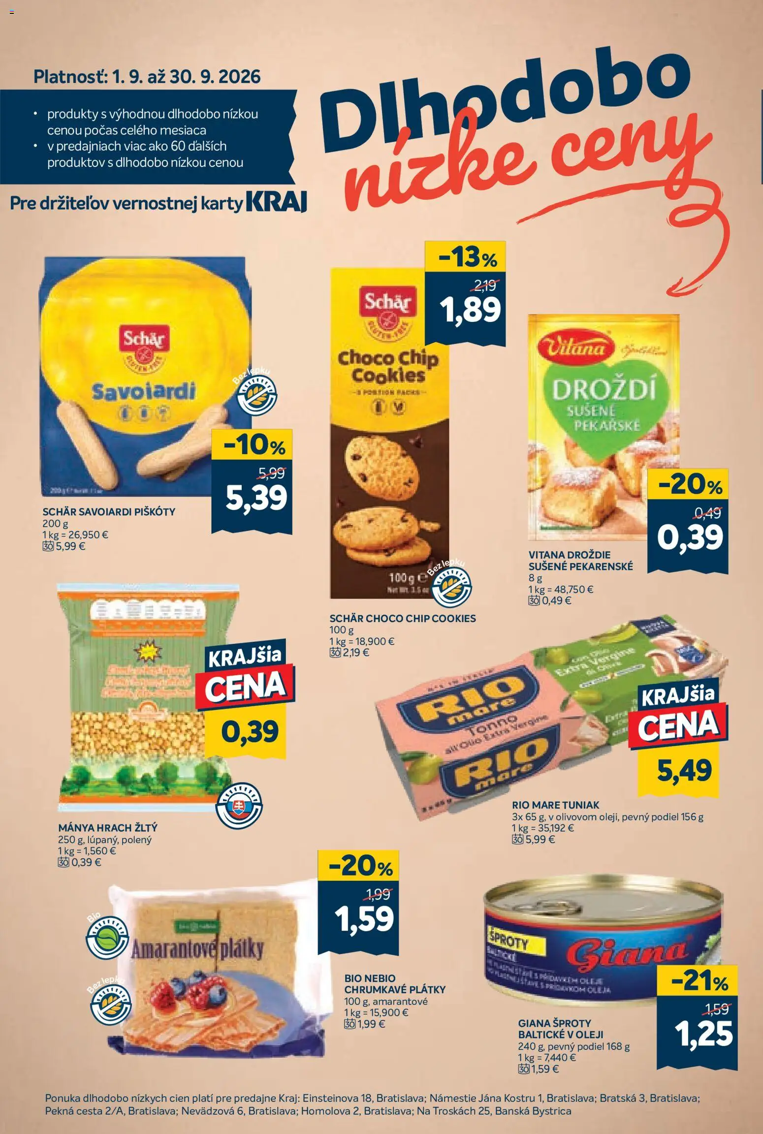 Nové Kraj akcie – leták je platný od 10.09.2026 | Strana: 14 | Produkty: Piškóty, Tuniak, Hrach, Droždie