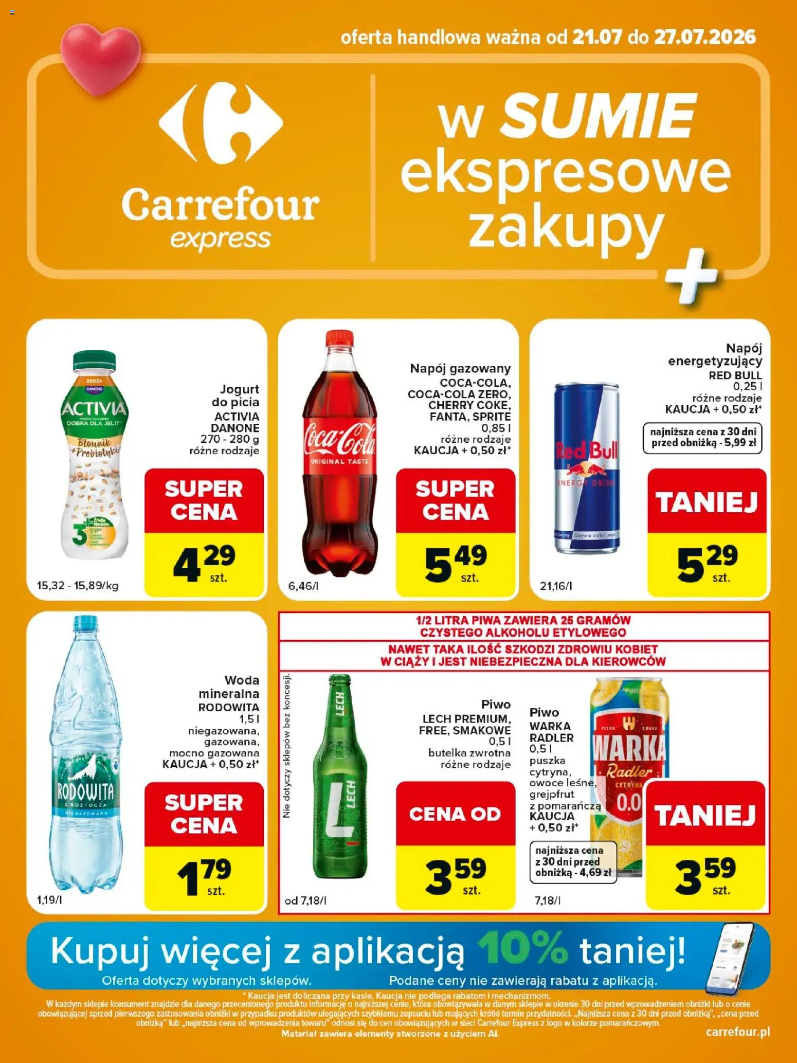 Carrefour gazetka - Express II od 21.07.2026 | Strona: 1 | Produkty: Red bull, Warka, Jogurt, Woda