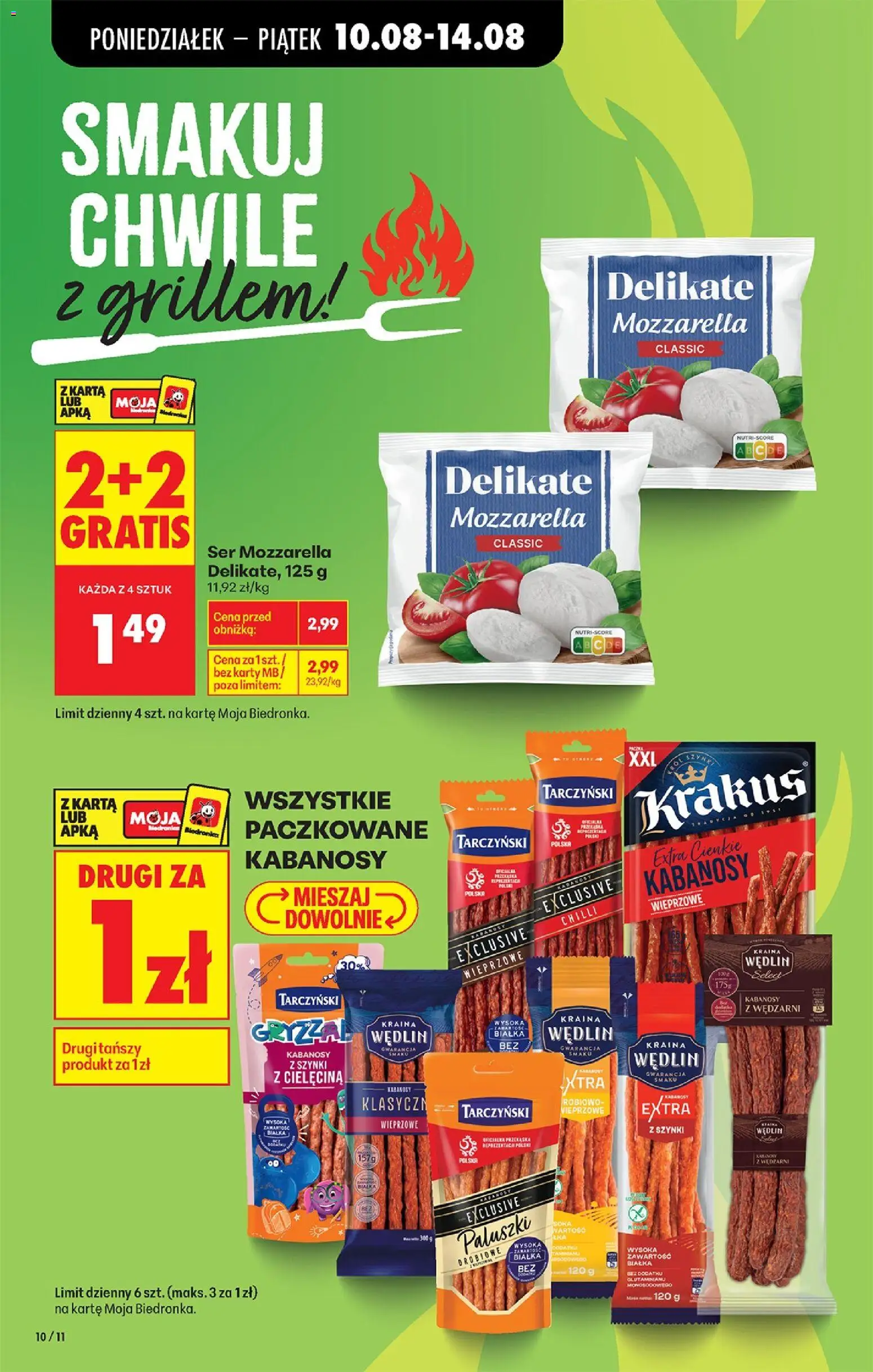 Biedronka gazetka od 10.08.2026 | Strona: 10 | Produkty: Kabanosy Tarczyński, Paluszki, Ser, Mozzarella