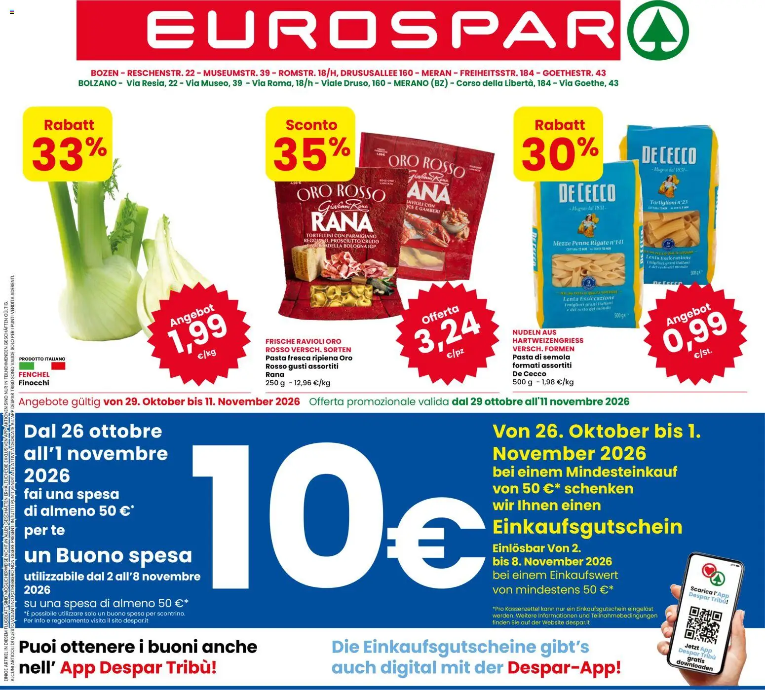 Volantino Eurospar del 29/10/2026 | Pagina: 1 | Prodotti: Tè, Gamberi, Pasta di semola, Parmigiano