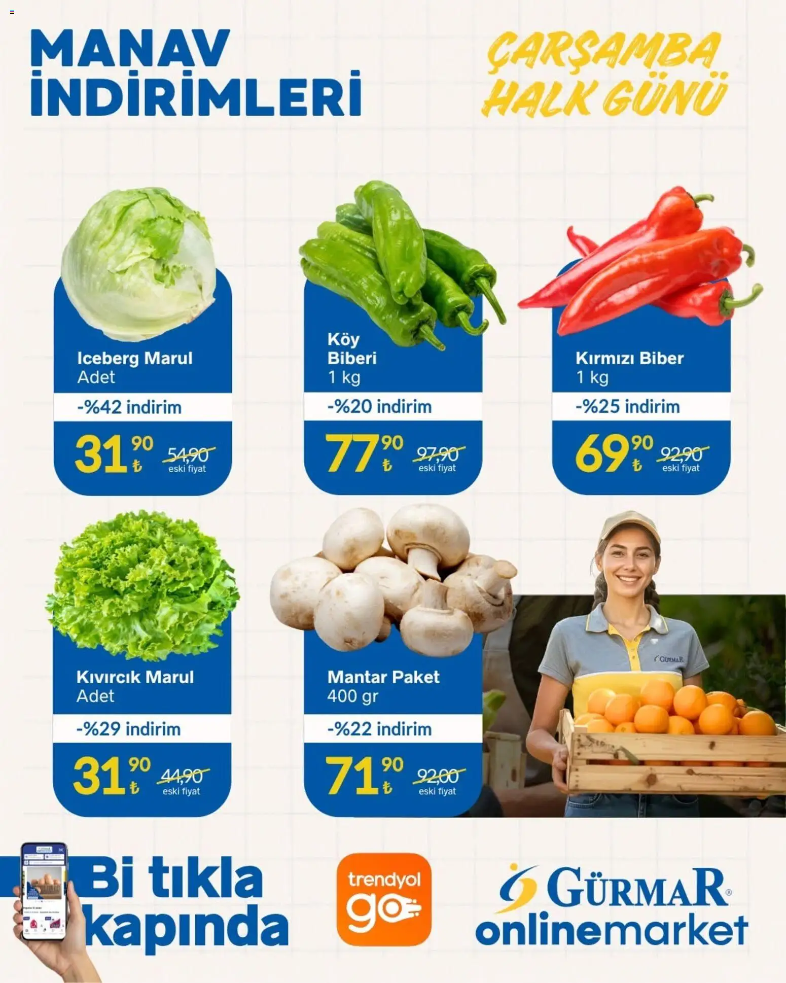 Gürmar - Manav İndirimleri - 19 Ağustos 2026 tarihinden itibaren geçerlidir | Sayfa: 2 | Ürünler: Biber, Kırmızı biber, Marul, Mantar