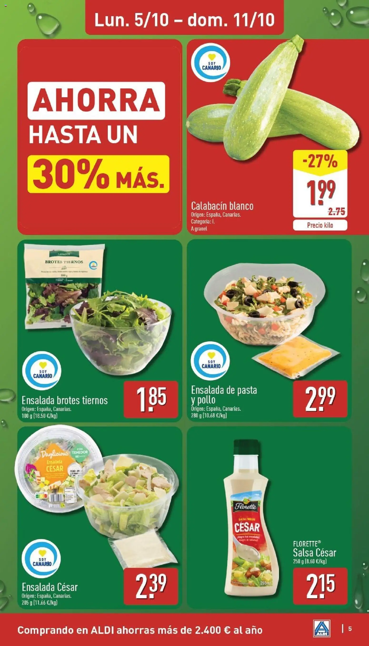 Aldi folleto Canarias │ válido desde el 05/10/2026 | Página: 5 | Productos: Calabacín, Pasta, Ensalada, Pollo