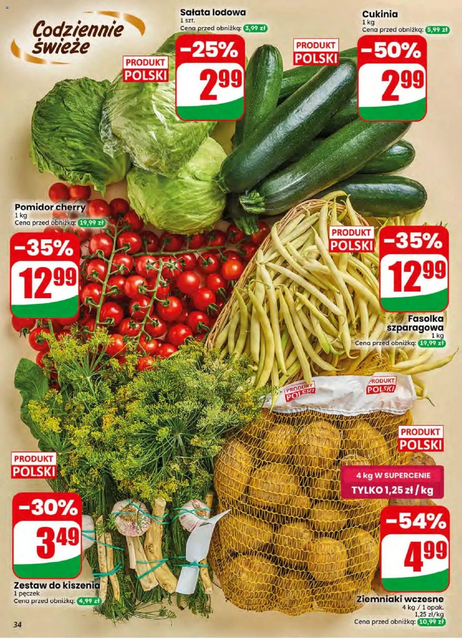 Dino gazetka od 08.07.2026 | Strona: 34 | Produkty: Cukinia, Pomidor cherry, Fasolka szparagowa, Ziemniaki