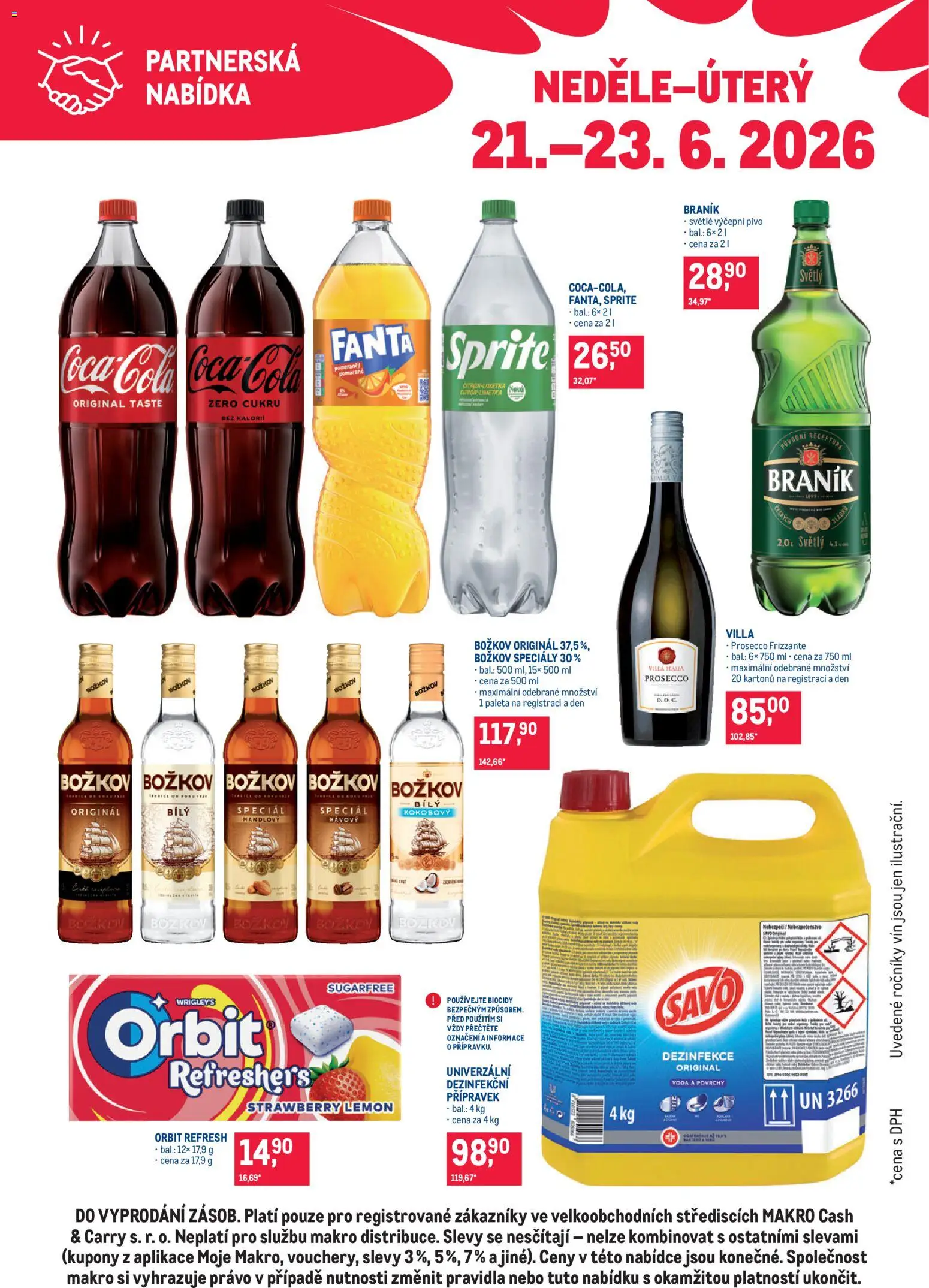 Makro leták - Partnerská nabídka od 21.06.2026 | Strana: 1 | Produkty: Savo, Braník, Božkov originál, Dezinfekční voda