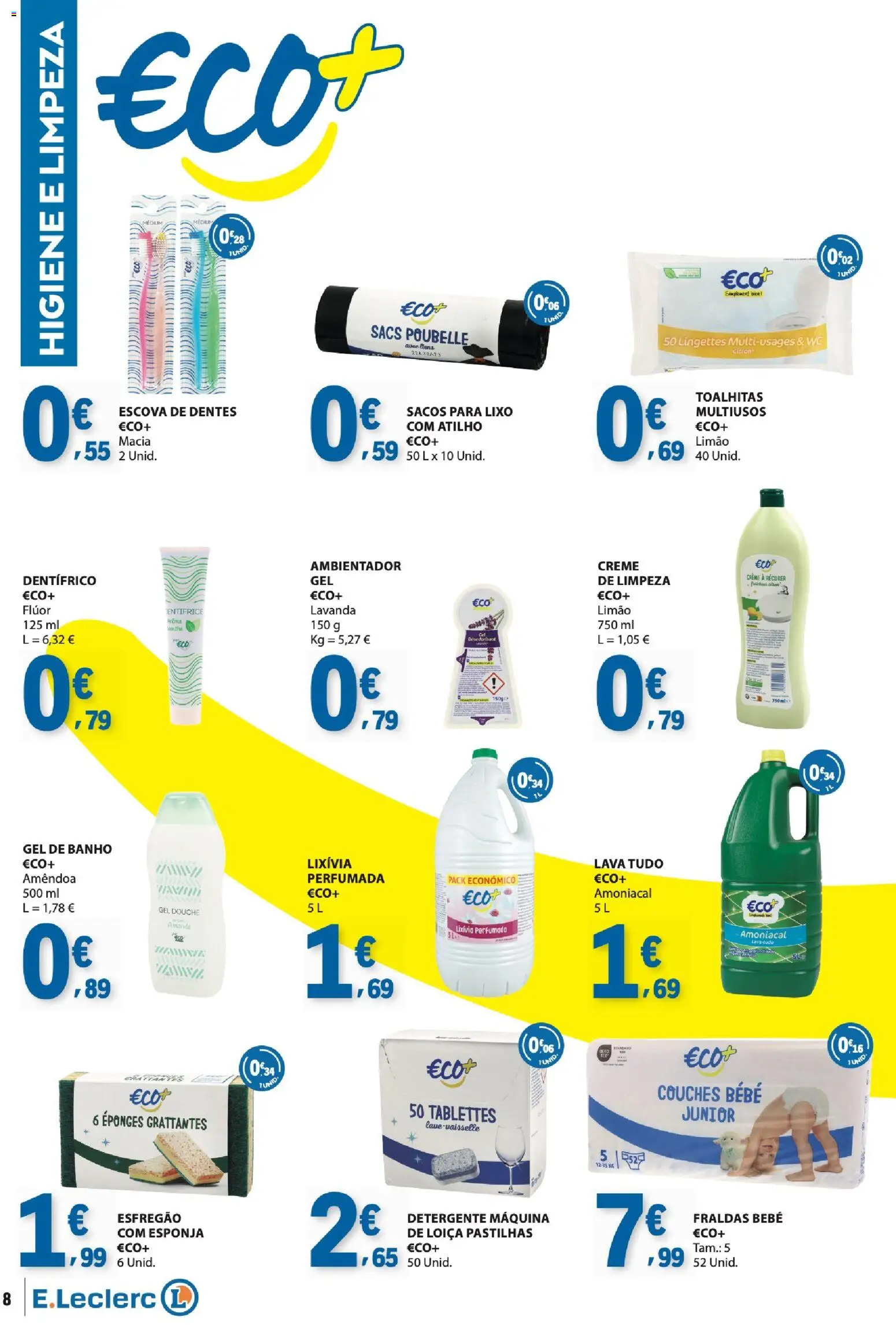 E.Leclerc - Folheto Especial Eco e Marca Guia │ válido de 08/09/2026 | Página: 8 | Produtos: Fraldas, Gel de banho, Escova de dentes, Banho