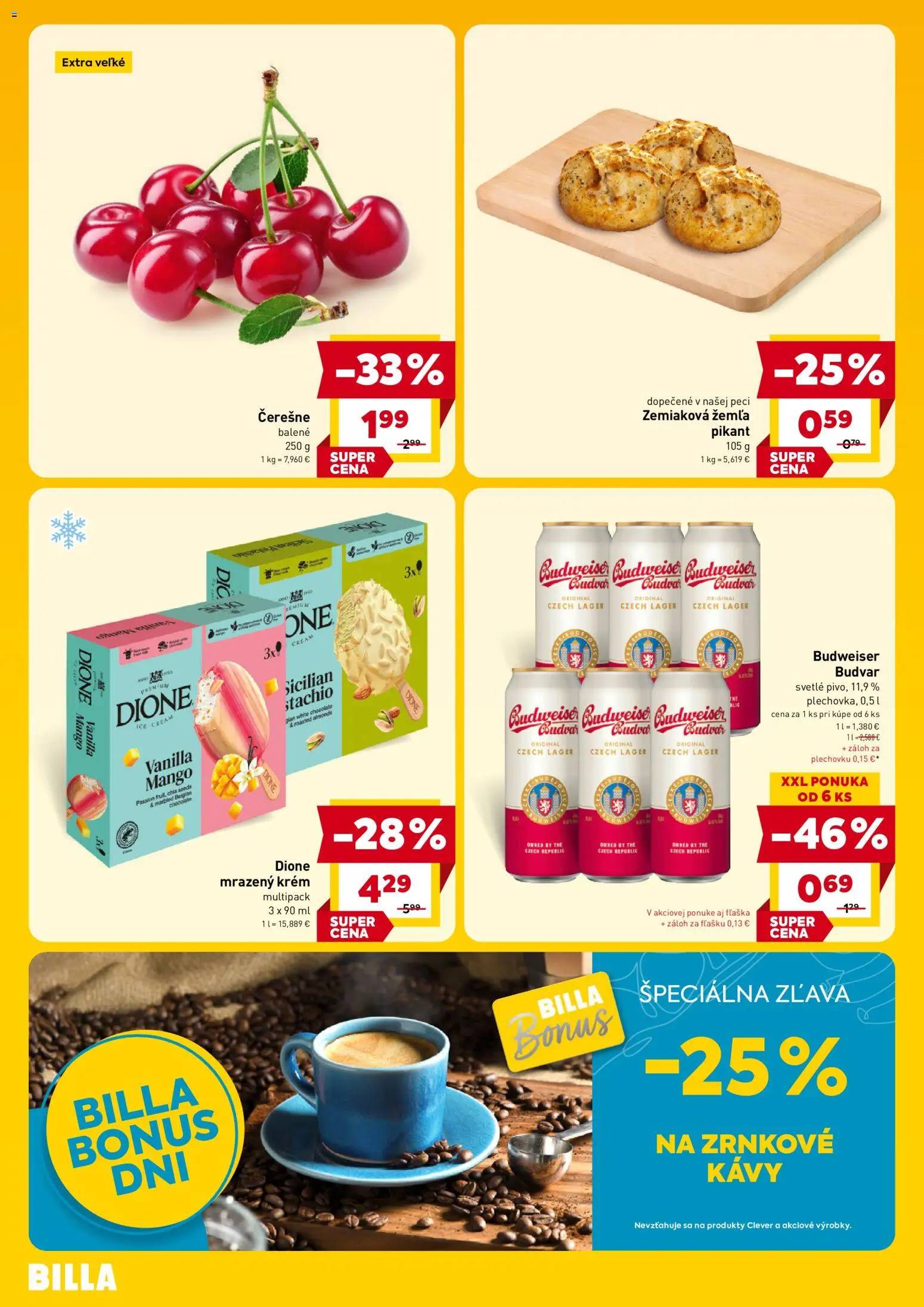 Nové Billa akcie – leták je platný od 17.06.2026 | Strana: 4 | Produkty: Budvar, Krém, Mango, Pec