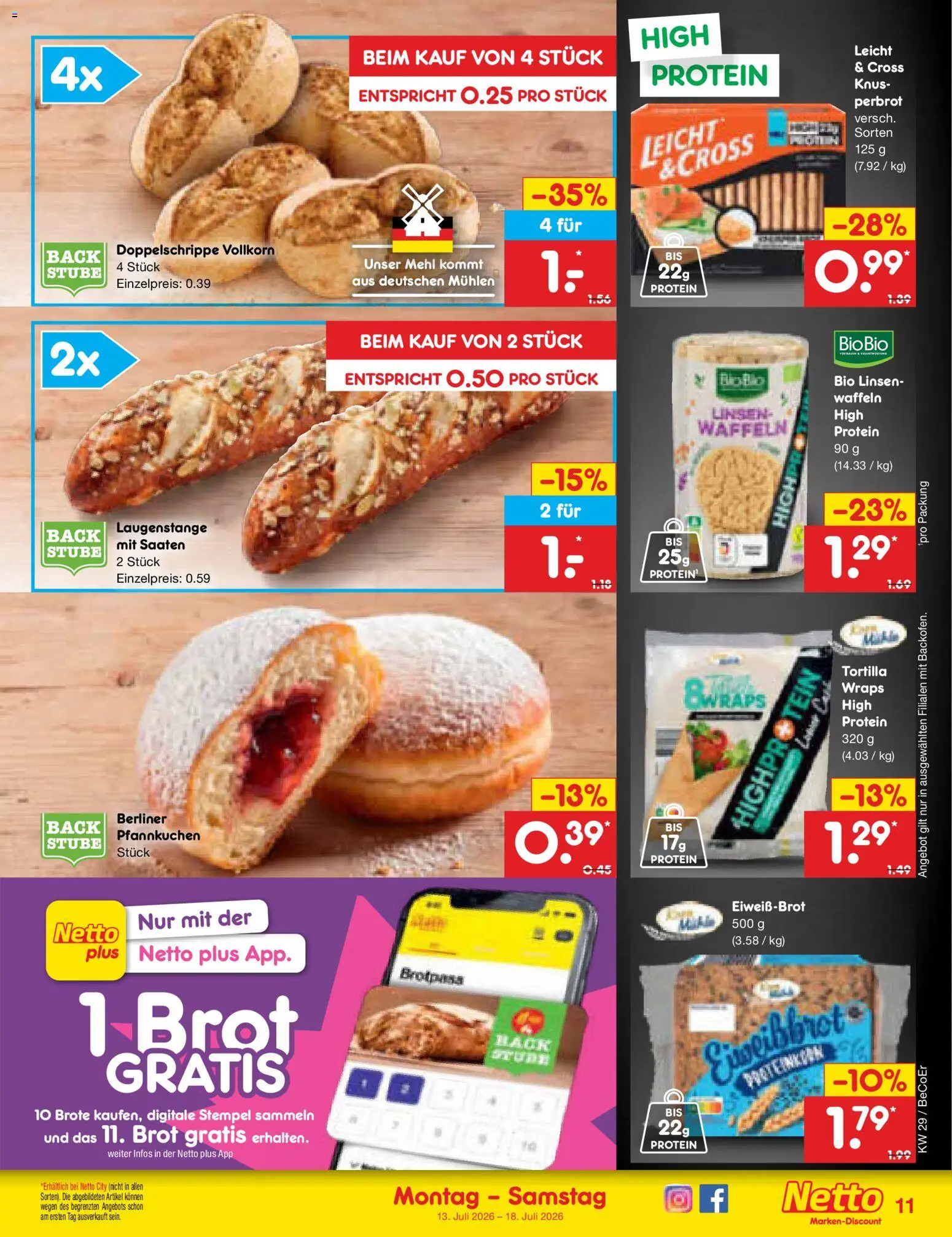 Netto Marken-Discount Prospekt – gültig ab 13.07.2026 | Seite: 11 | Produkte: Berliner, Pfannkuchen, Waffeln, Brot
