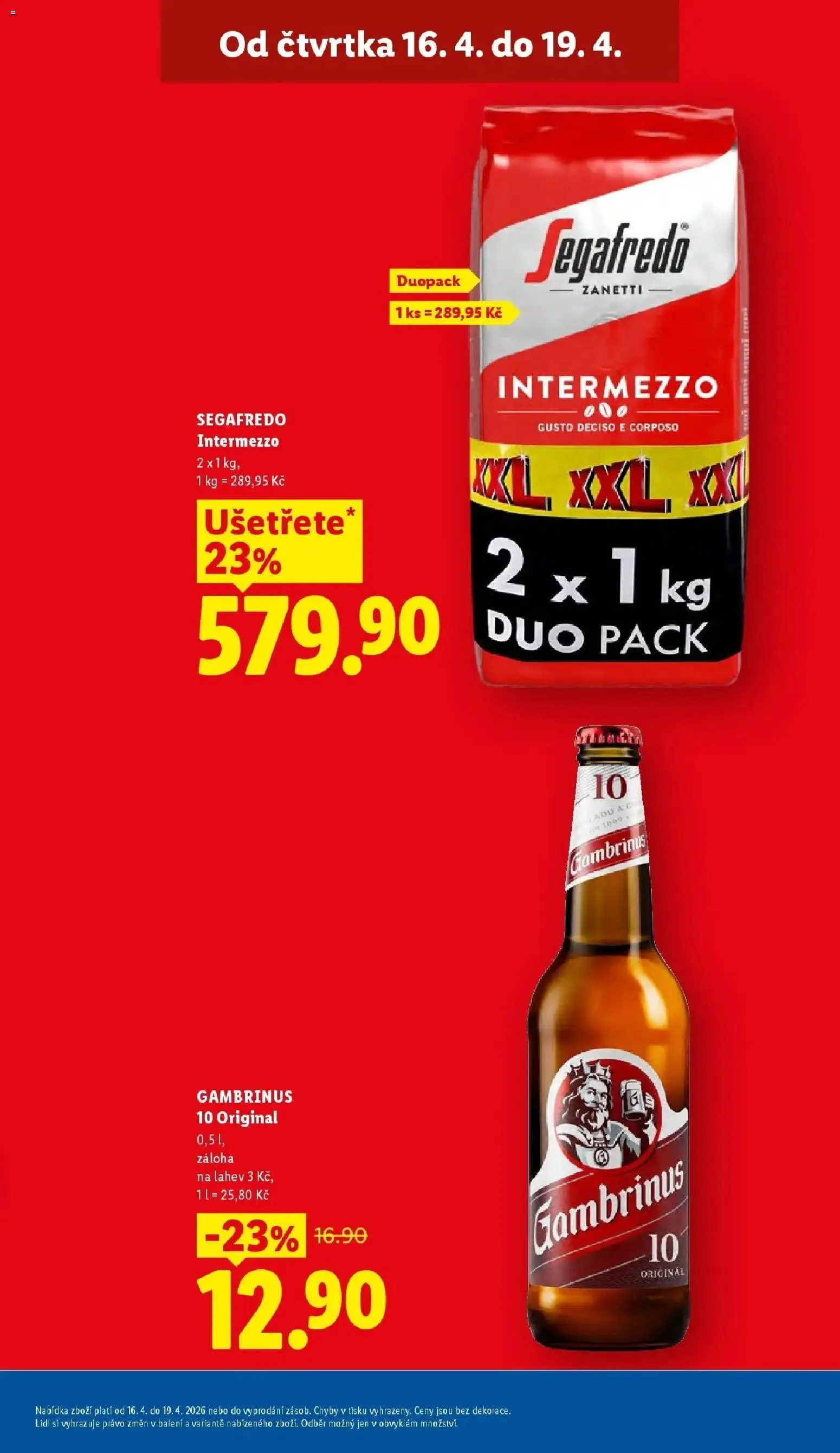 Lidl aktuální leták od 16.04.2026 | Strana: 5 | Produkty: Segafredo, Gambrinus, Láhev, Intermezzo Segafredo