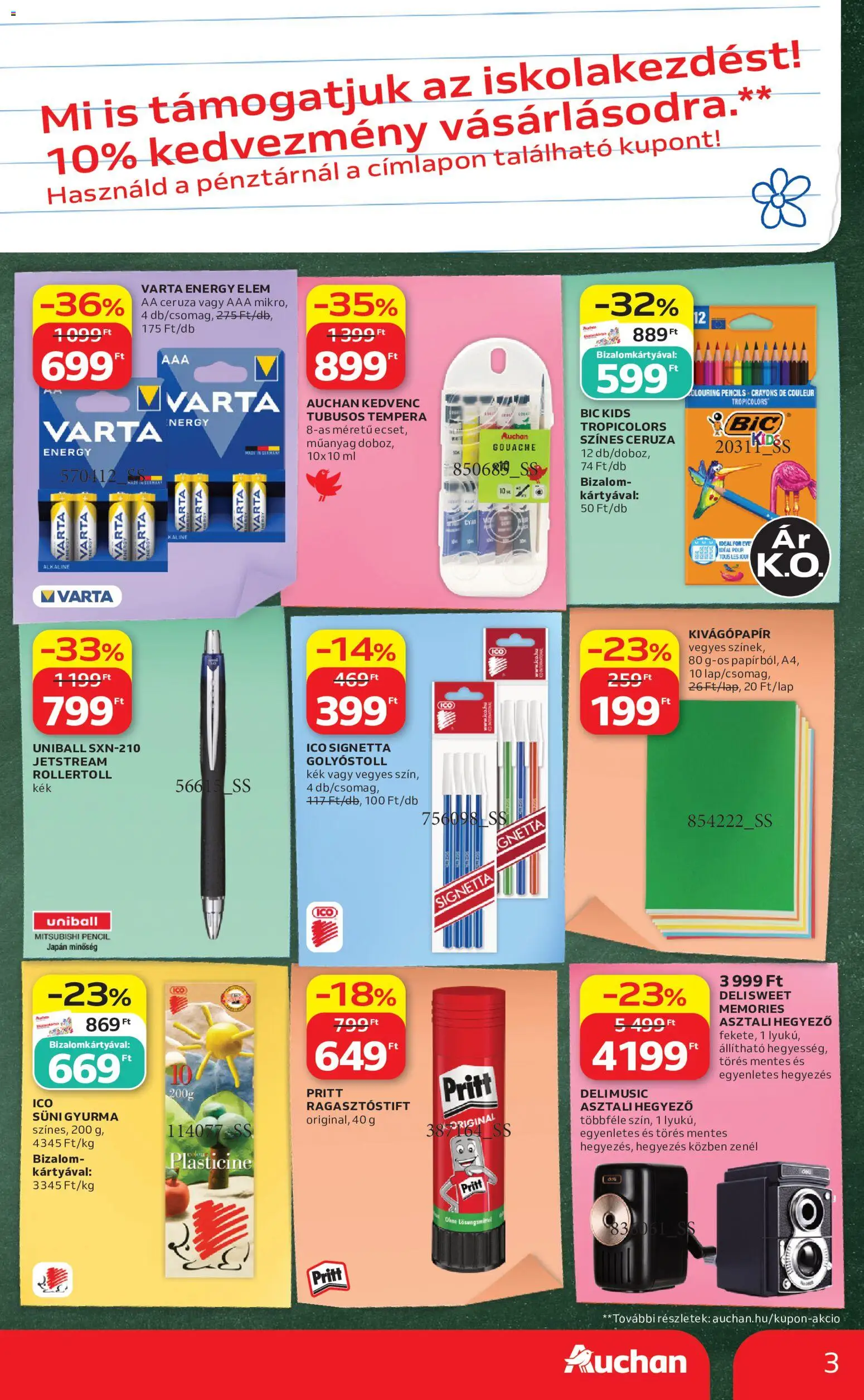 Auchan akciós ujság - amely érvényes a következő dátumtól: 2026.08.27. | Oldal: 3 | Termékek: Ceruza, Gyurma, Színes ceruza, Elem