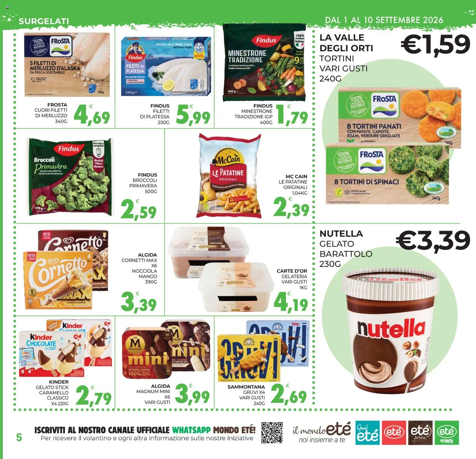 Volantino Eté del 01/09/2026 | Pagina: 5 | Prodotti: Merluzzo, Gelato, Pesca, Nutella
