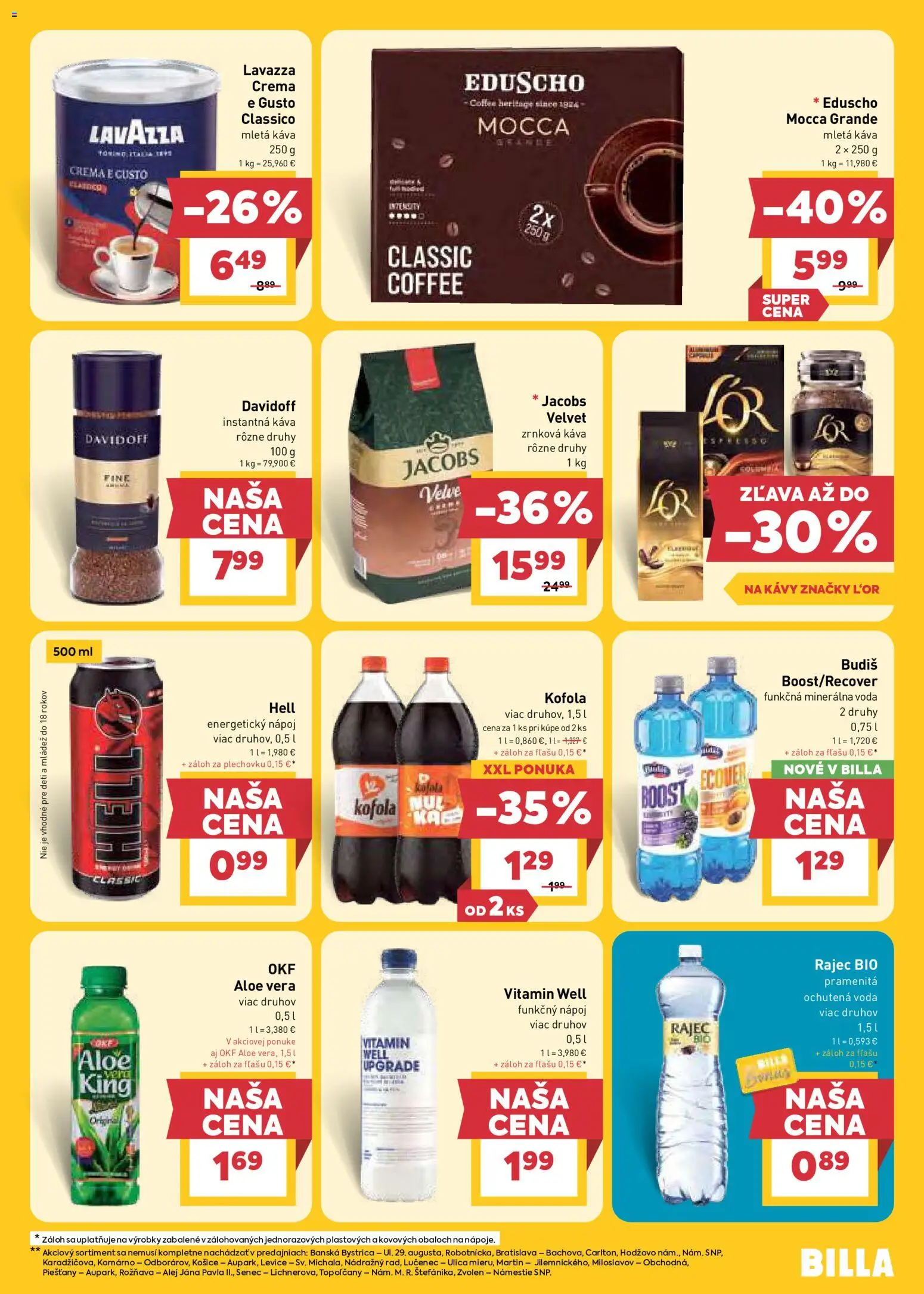 Nové Billa akcie – leták je platný od 12.08.2026 | Strana: 19 | Produkty: Davidoff, Aloe Vera, Kofola, Zrnková káva