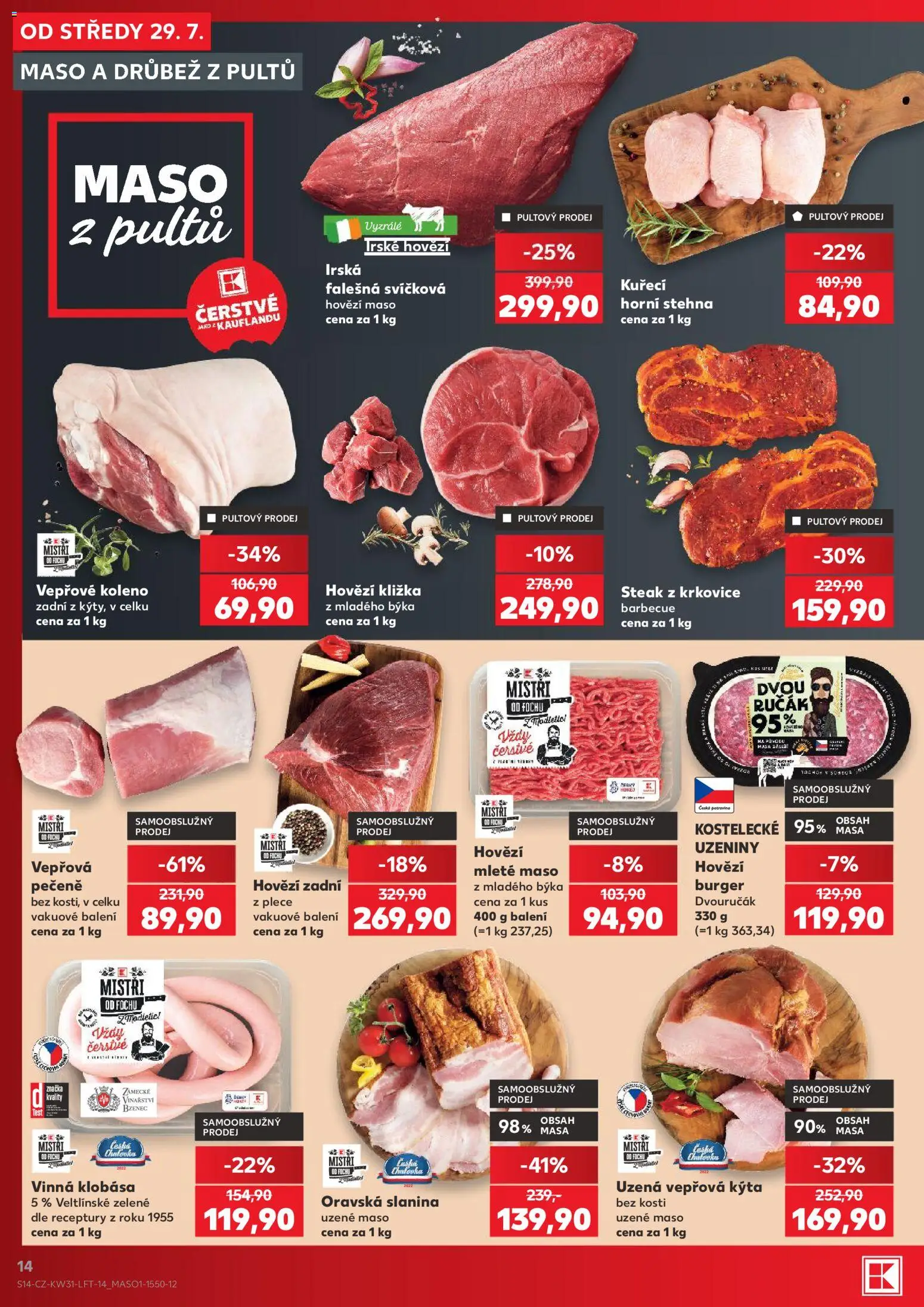Kaufland leták - Praha 8 od 29.07.2026 | Strana: 14 | Produkty: Burger, Uzené maso, Vinná klobása, Kýta