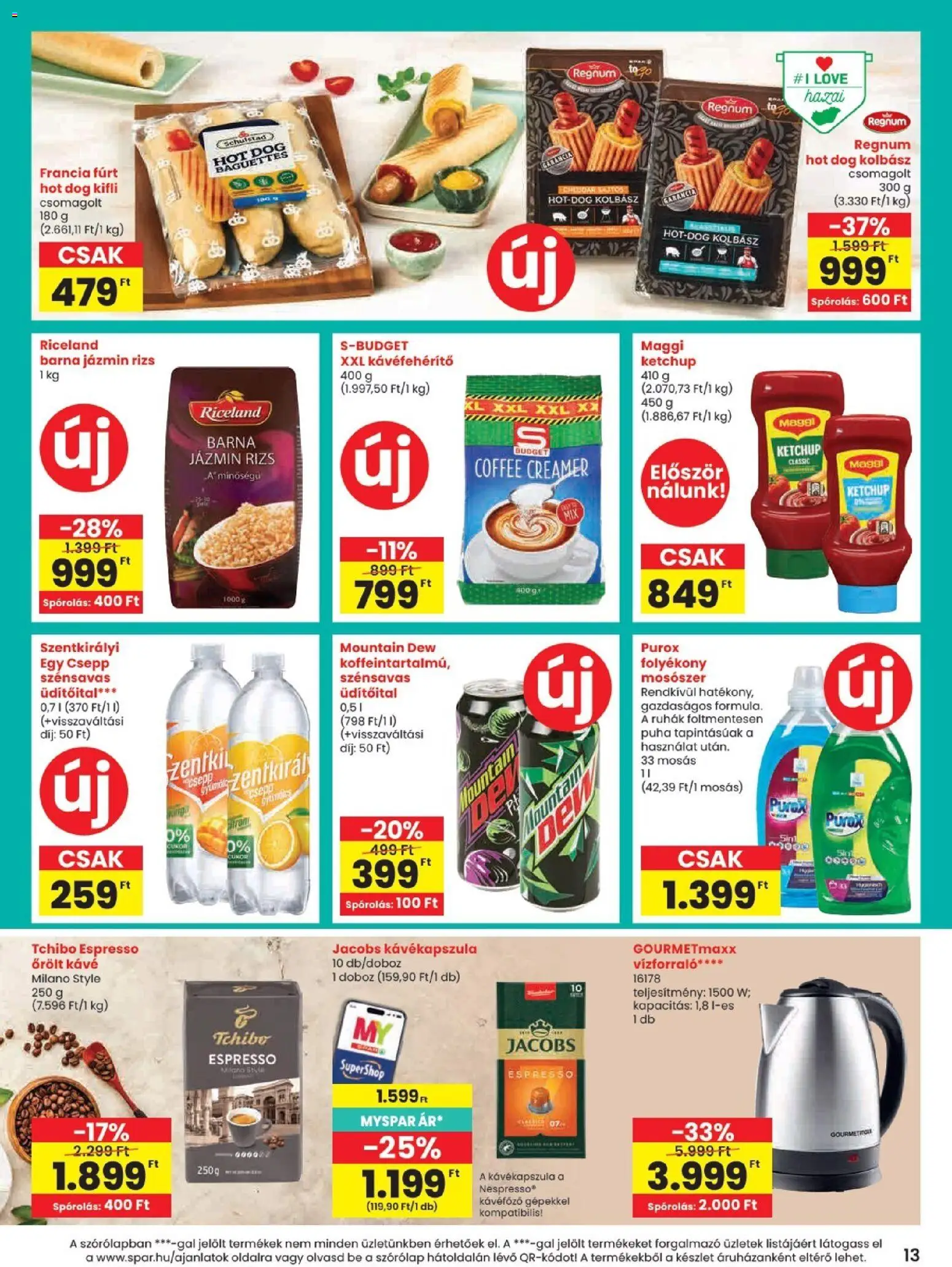 Spar akciós ujság - amely érvényes a következő dátumtól: 2026.07.16. | Oldal: 13 | Termékek: Hot dog, Jázmin rizs, Hot dog kifli, Ketchup