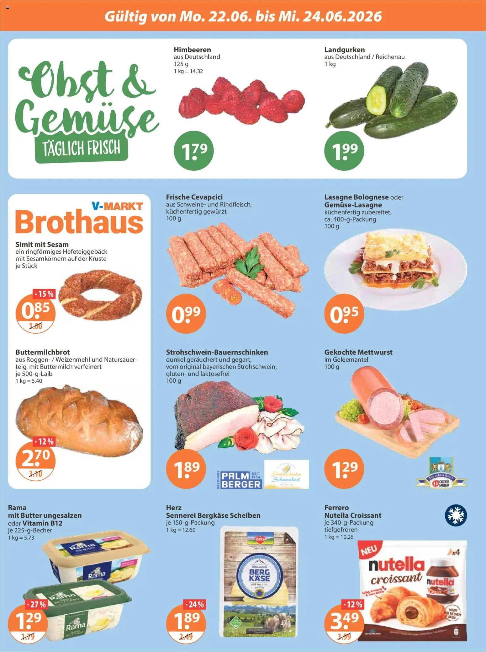 V-Markt München ab Montag – gültig ab 22.06.2026 | Seite: 2 | Produkte: Buttermilch, Rama, Gemüse, Obst