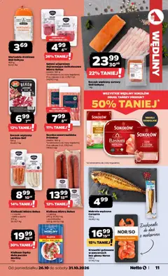 Pogląd oferty "Kiełbasa śląska duża paczka Morliny, Kiełbasa śląska duża paczka" - ważna od 26.10.2026 | Strona: 11 | Produkty: Kiełbaski, Szynka, Boczek wędzony, Stół