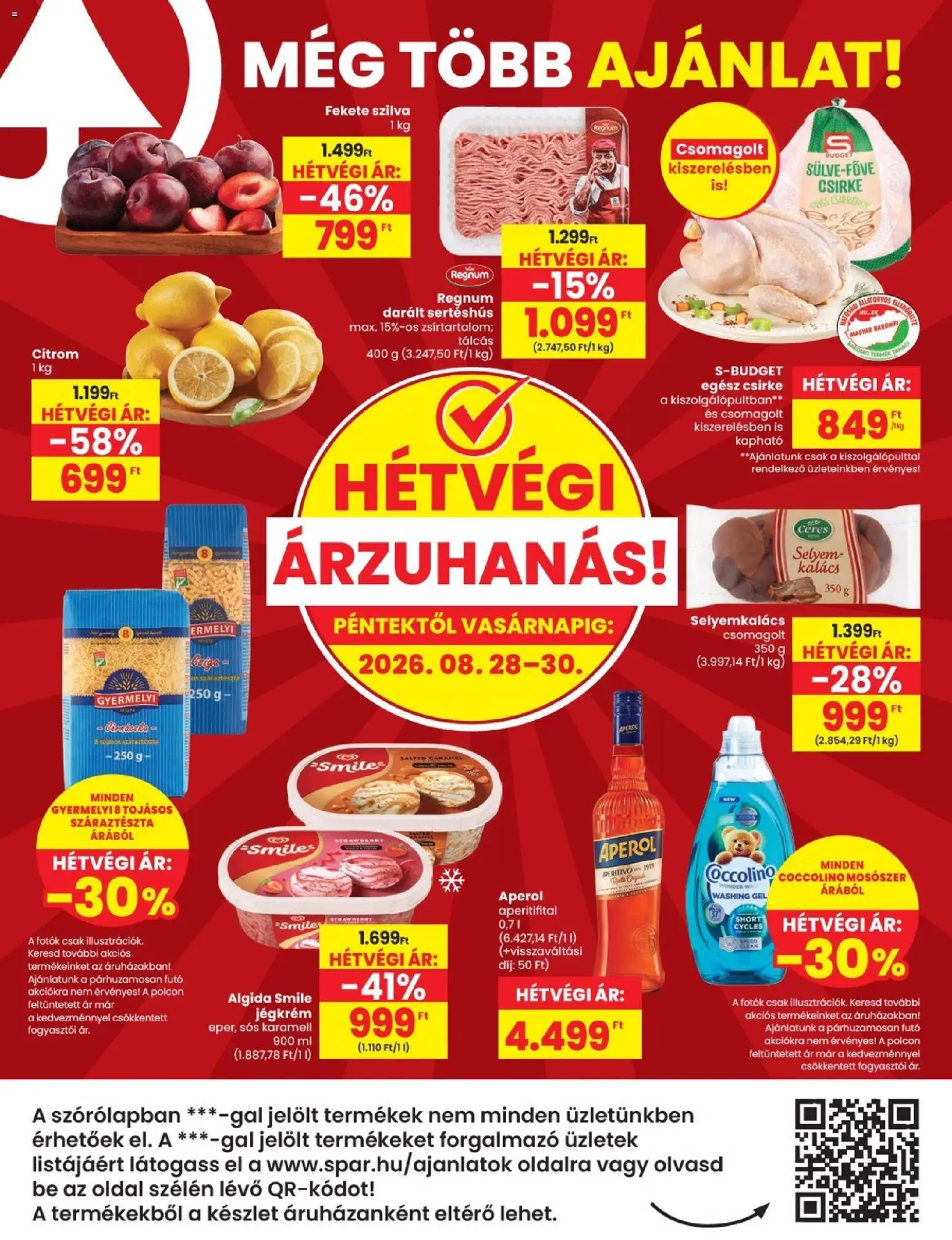Spar akciós ujság - amely érvényes a következő dátumtól: 2026.08.27. | Oldal: 20 | Termékek: Futó, Szilva, Darált sertéshús, Gél