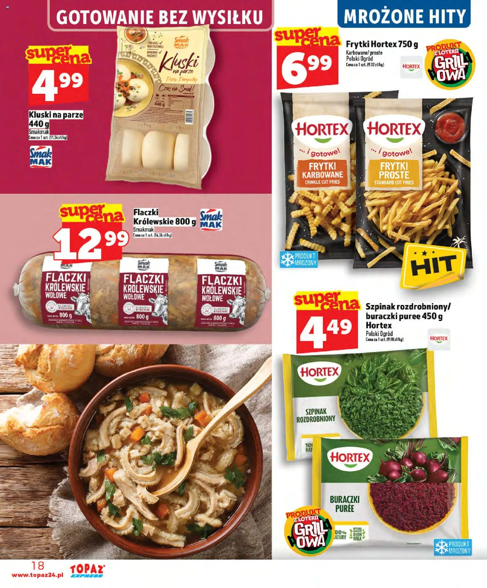 Topaz gazetka - Express od 21.05.2026 | Strona: 18 | Produkty: Kluski na parze, Szpinak, Frytki karbowane, Frytki