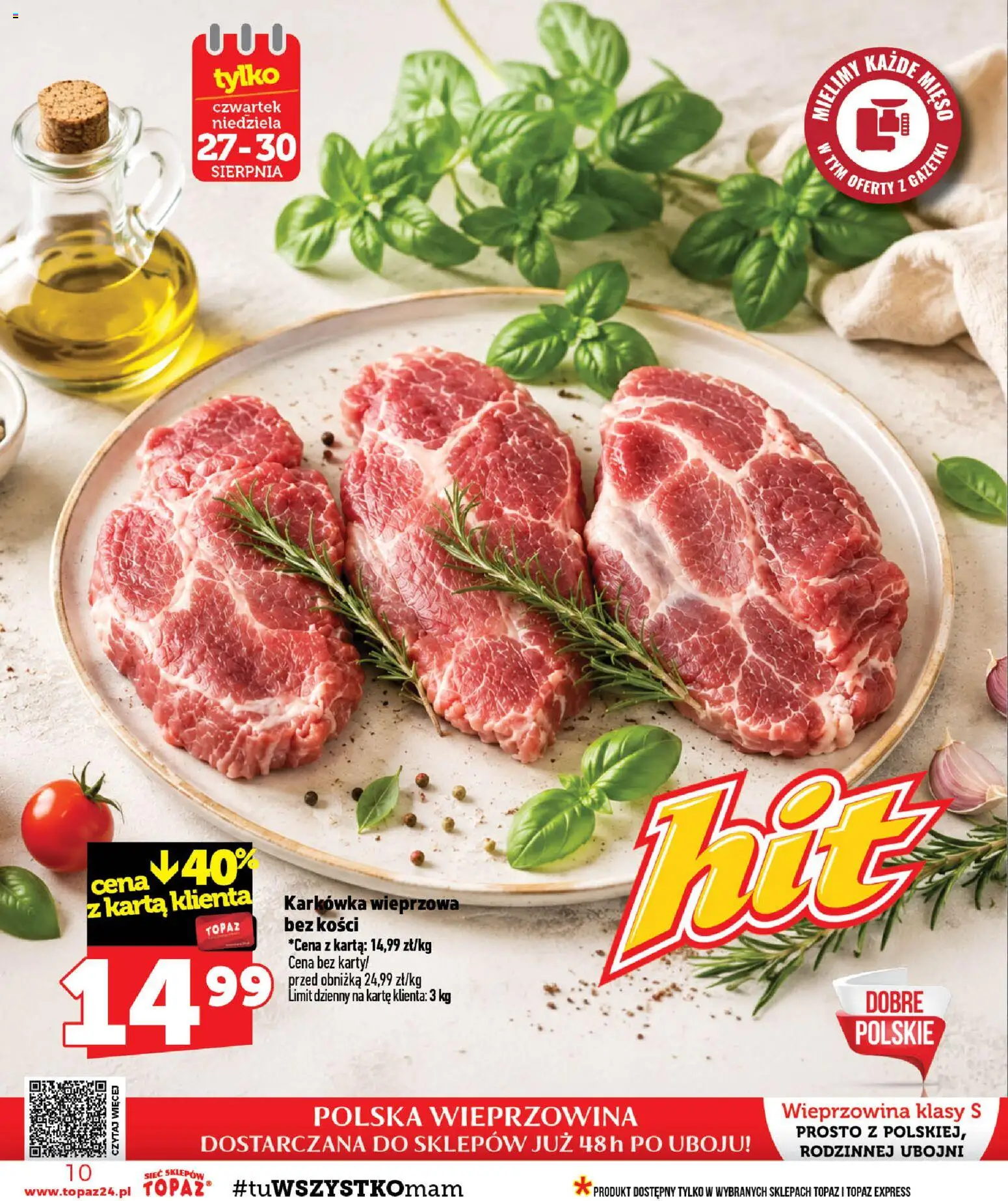 Topaz gazetka - MAZ od 27.08.2026 | Strona: 10 | Produkty: Karkówka, Karkówka wieprzowa, Mięso, Wieprzowina
