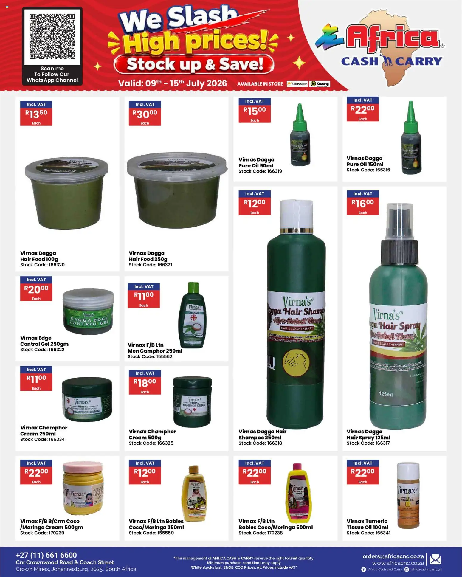 New Africa Cash & Carry catalogue – valid from 09/07/2026 | Page: 58 | Products: Tissue oil, Shampoo, Cream, Stock