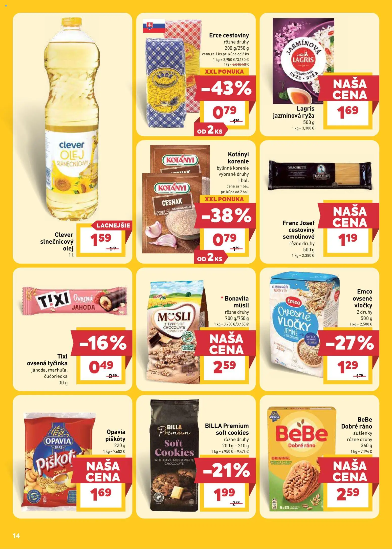 Nové Billa akcie – leták je platný od 29.07.2026 | Strana: 14 | Produkty: Müsli, Cesnak, Ovsené vločky, Korenie