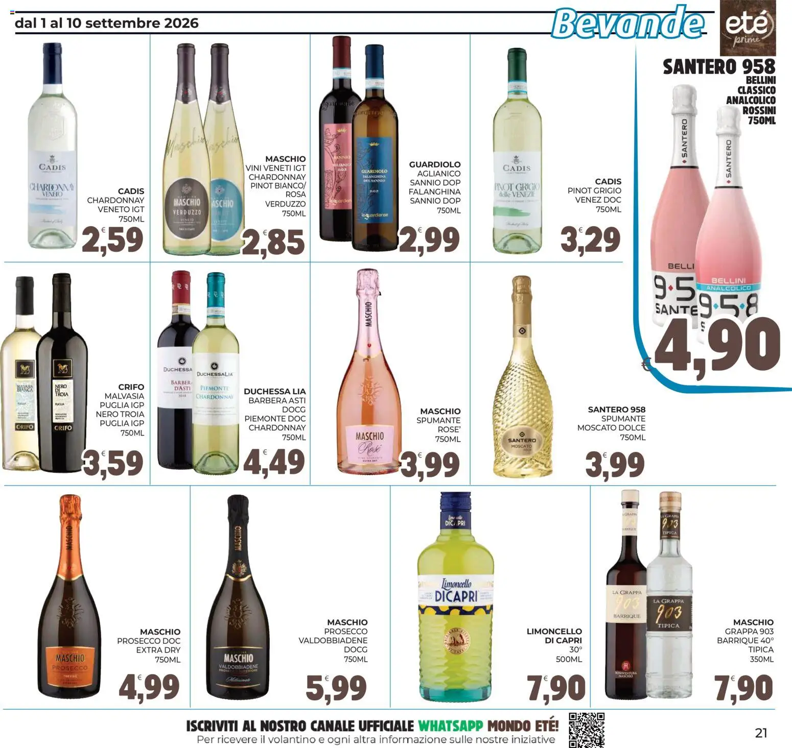 Volantino Eté del 01/09/2026 | Pagina: 21 | Prodotti: Prosecco, Spumante, Limoncello, Grappa